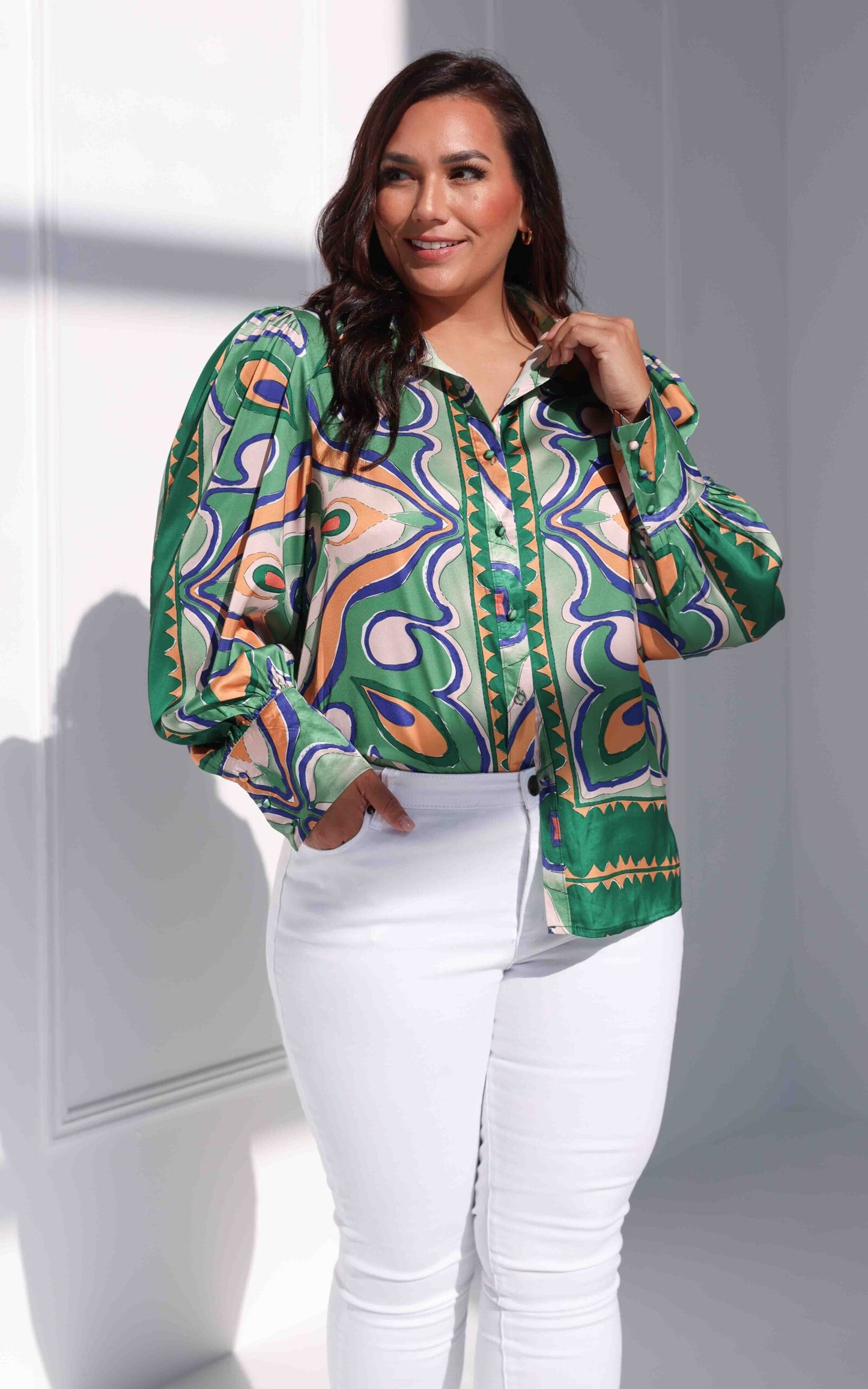 Augustine Long Sleeve Shirt Blouse - Green Multi Print