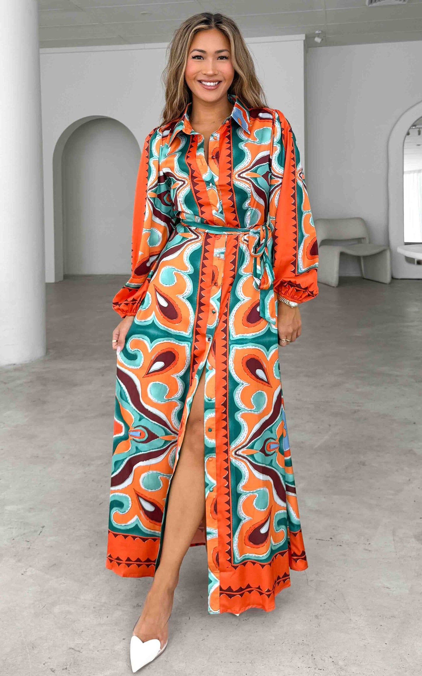 AUGUSTINE COLLARED BUTTON UP LONG BALLOON SLEEVE MAXI DRESS - ORANGE GREEN MULTI PRINT By Amica AUGUSTINE COLLARED BUTTON UP LONG BALLOON SLEEVE MAXI DRESS - ORANGE GREEN MULTI PRINT By Amica