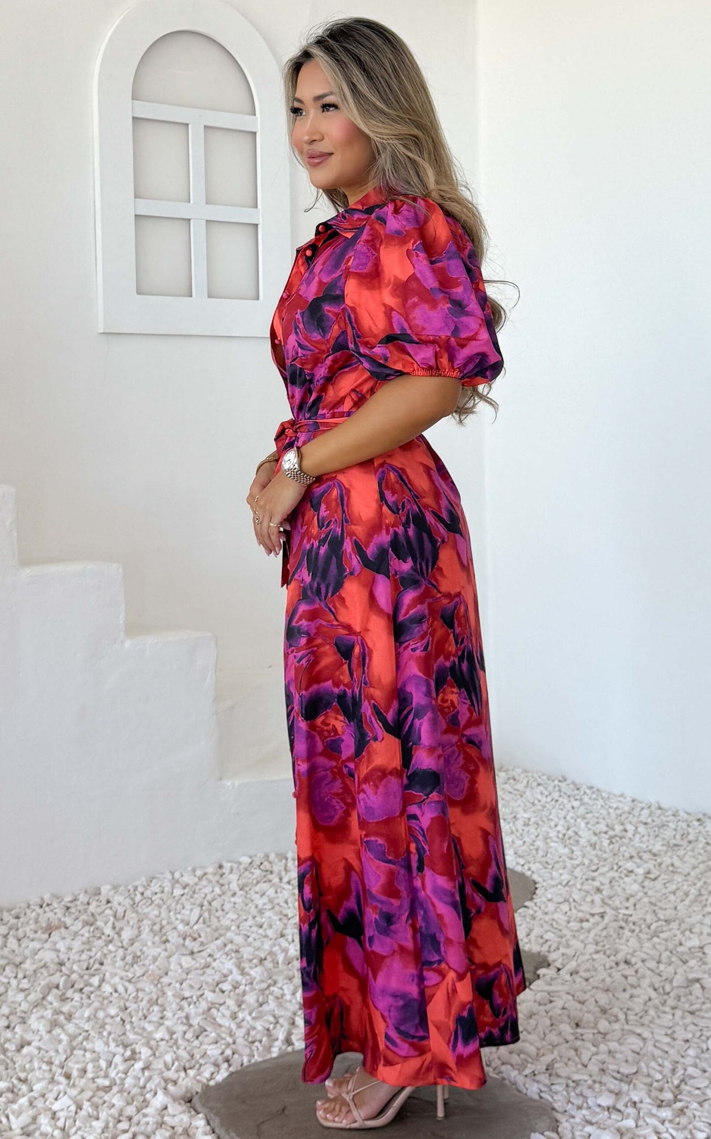 Augustine Short Sleeve Maxi Dress - Red Multi Print