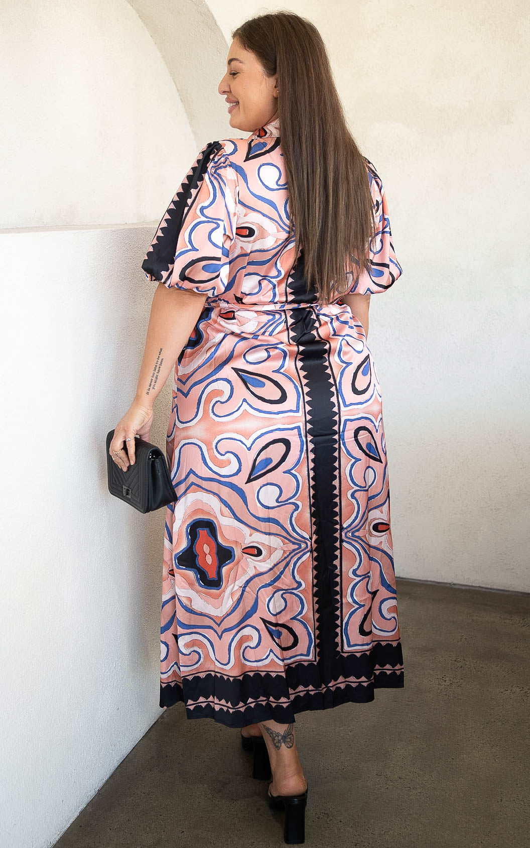 Augustine Short Sleeve Maxi Dress -  Peach Black Multi Print