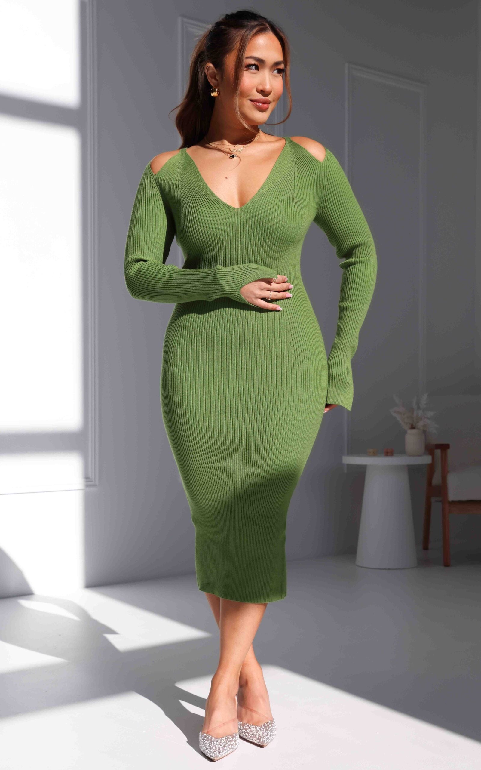 AZIZA V NECK CUT OUT DETAIL LONG SLEEVE BODYCON RIBBED KNIT MIDI DRESS - APPLE GREEN By Amica AZIZA V NECK CUT OUT DETAIL LONG SLEEVE BODYCON RIBBED KNIT MIDI DRESS - APPLE GREEN By Amica