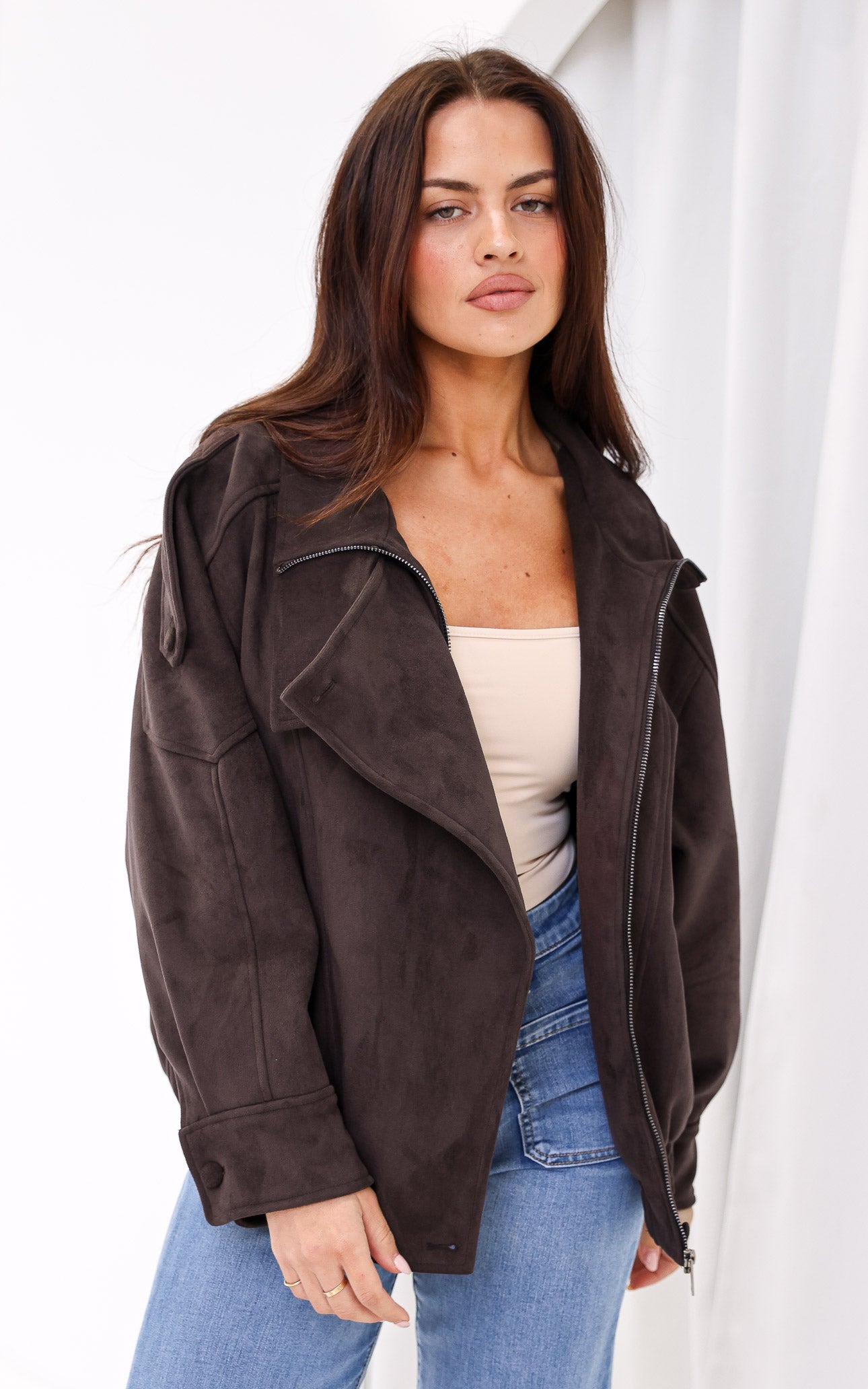 Alana Suede Faux Leather Jacket - Brown