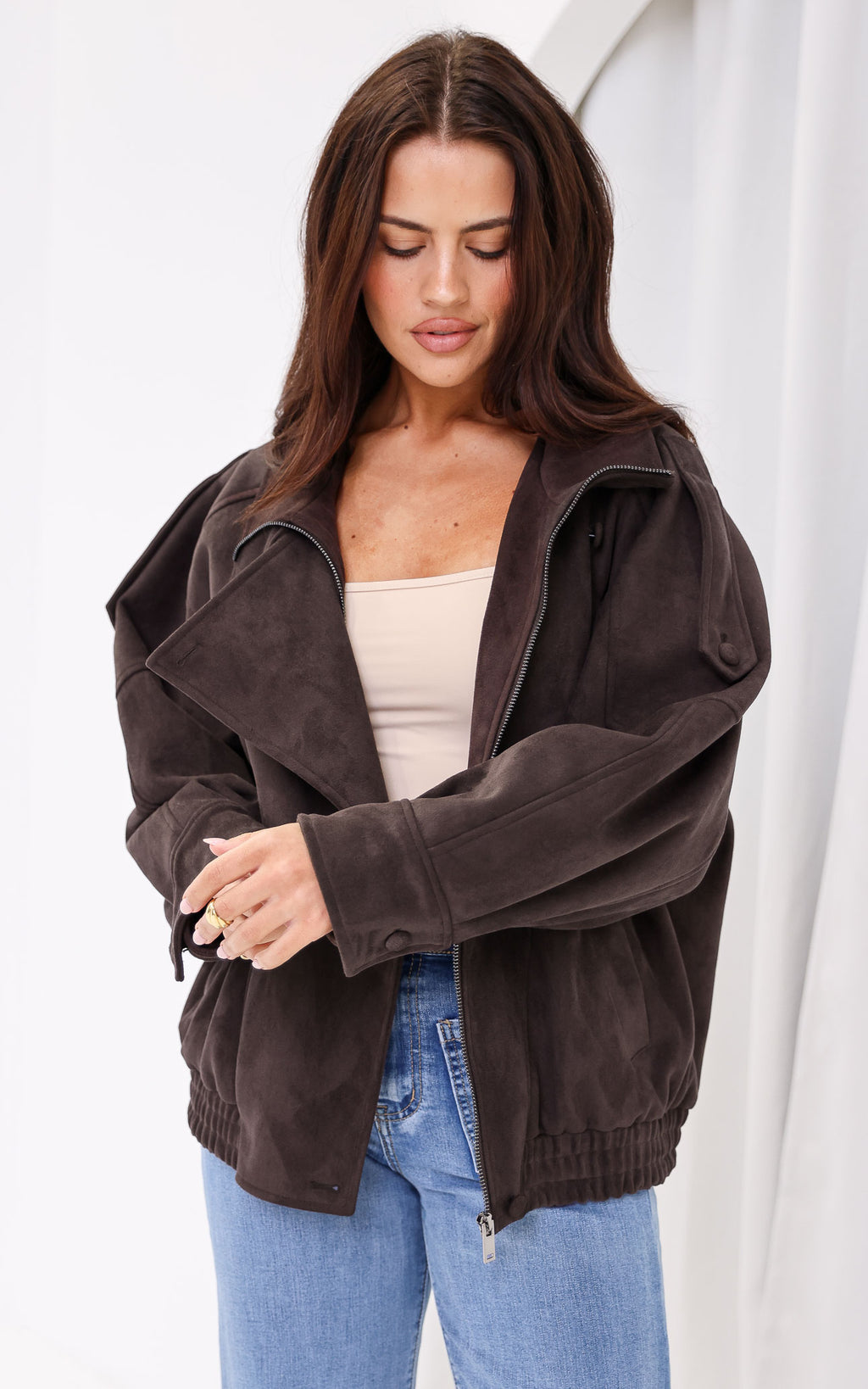 Alana Suede Faux Leather Jacket - Brown