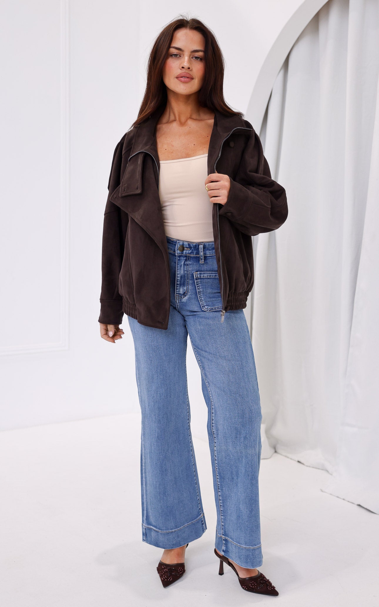 Alana Suede Faux Leather Jacket - Brown