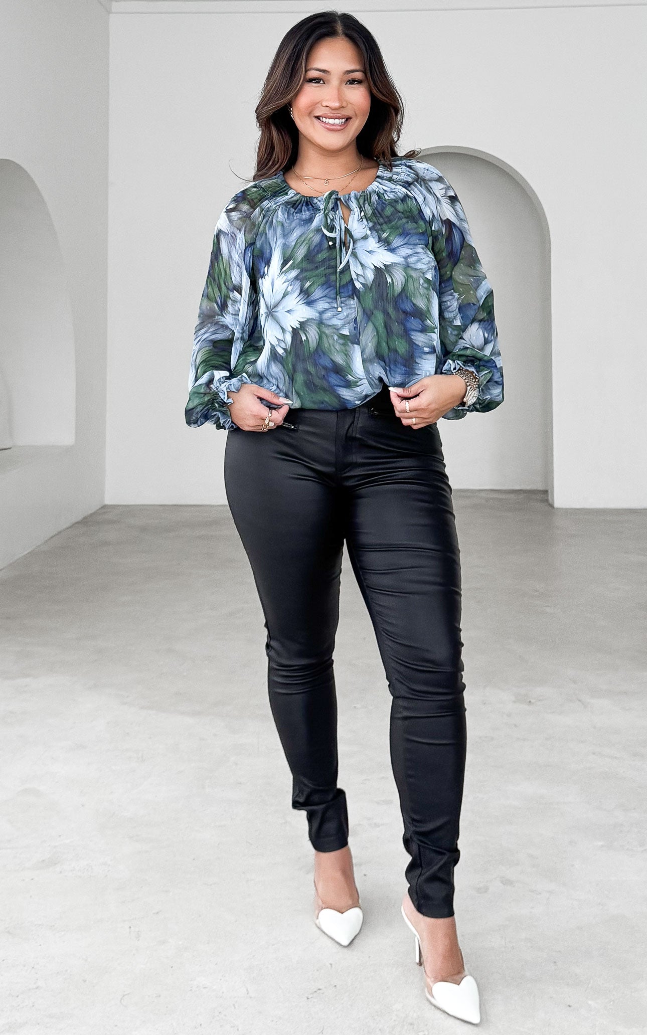 Baylene Top - Blue Green Floral Texture