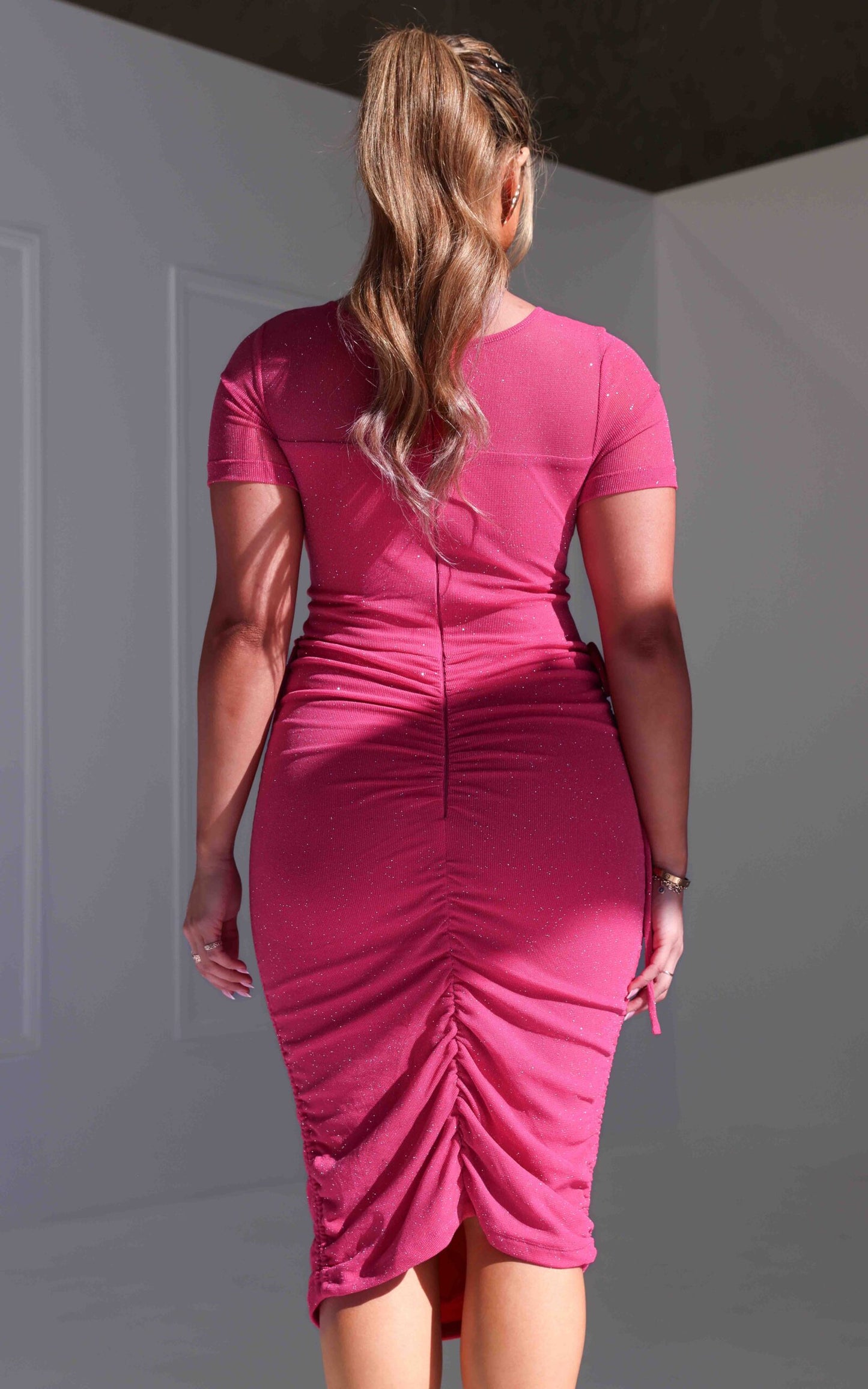 Before You Go Short Sleeve Mesh Dress - Hot Pink Metallic Glitter