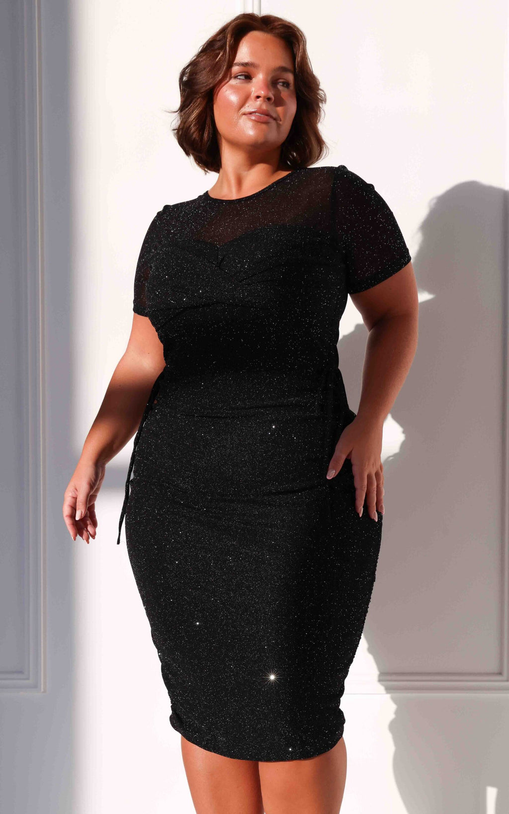 Before You Go Short Sleeve Mesh Dress - Black Metallic Glitter