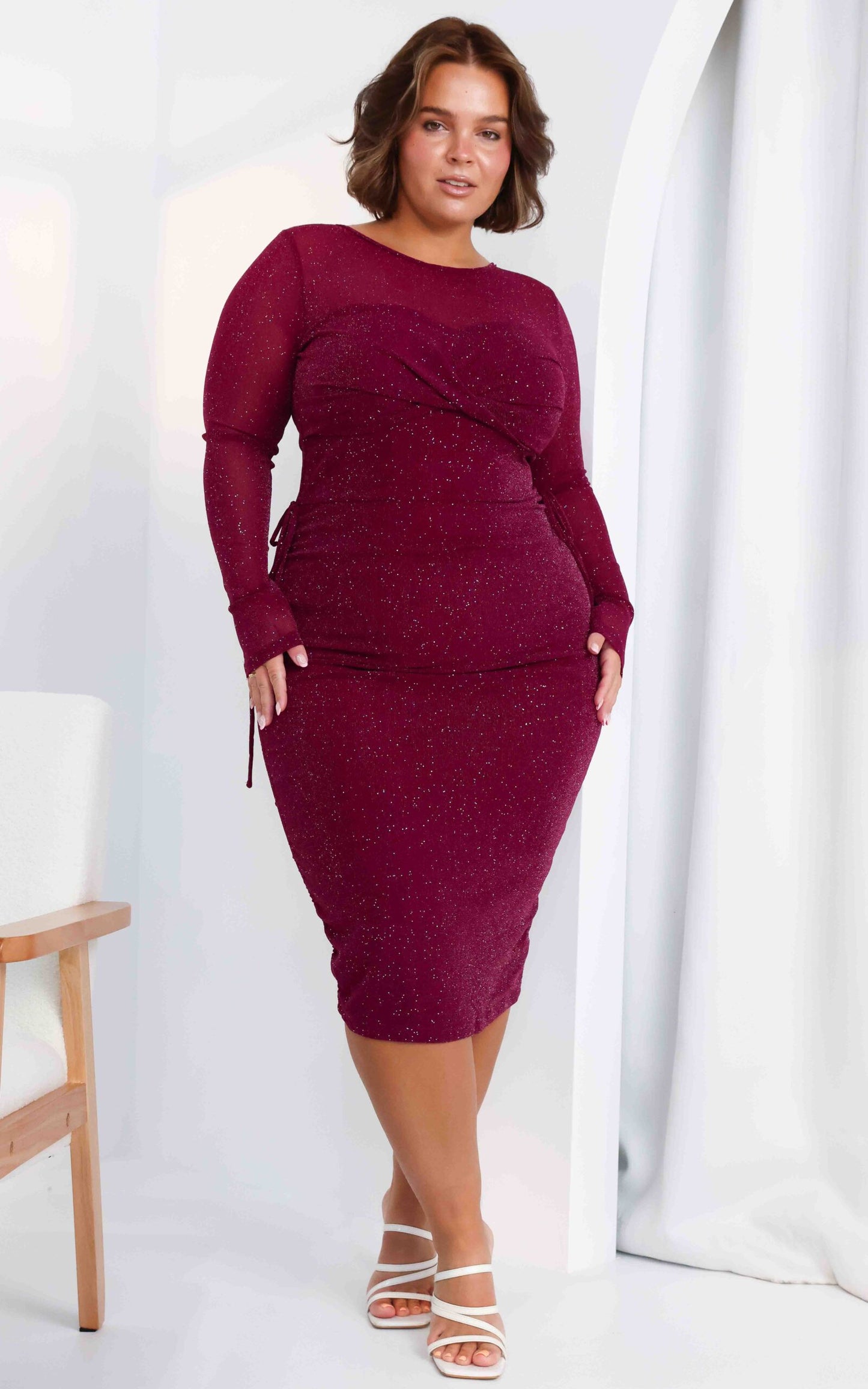 Before You Go Long Sleeve Mesh Dress - Plum Metallic Glitter