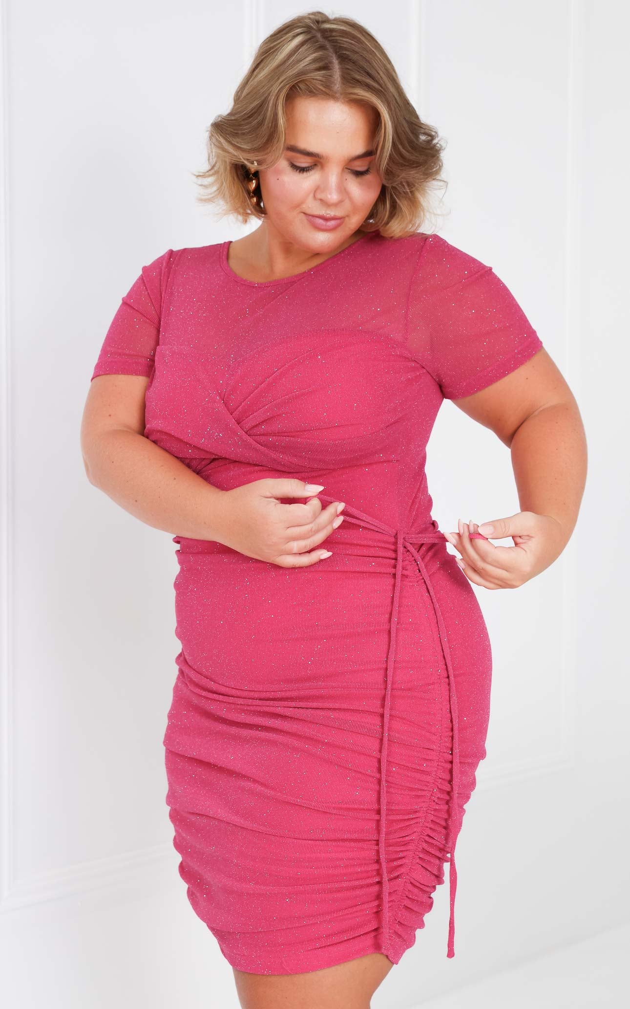 Before You Go Short Sleeve Mesh Dress - Hot Pink Metallic Glitter