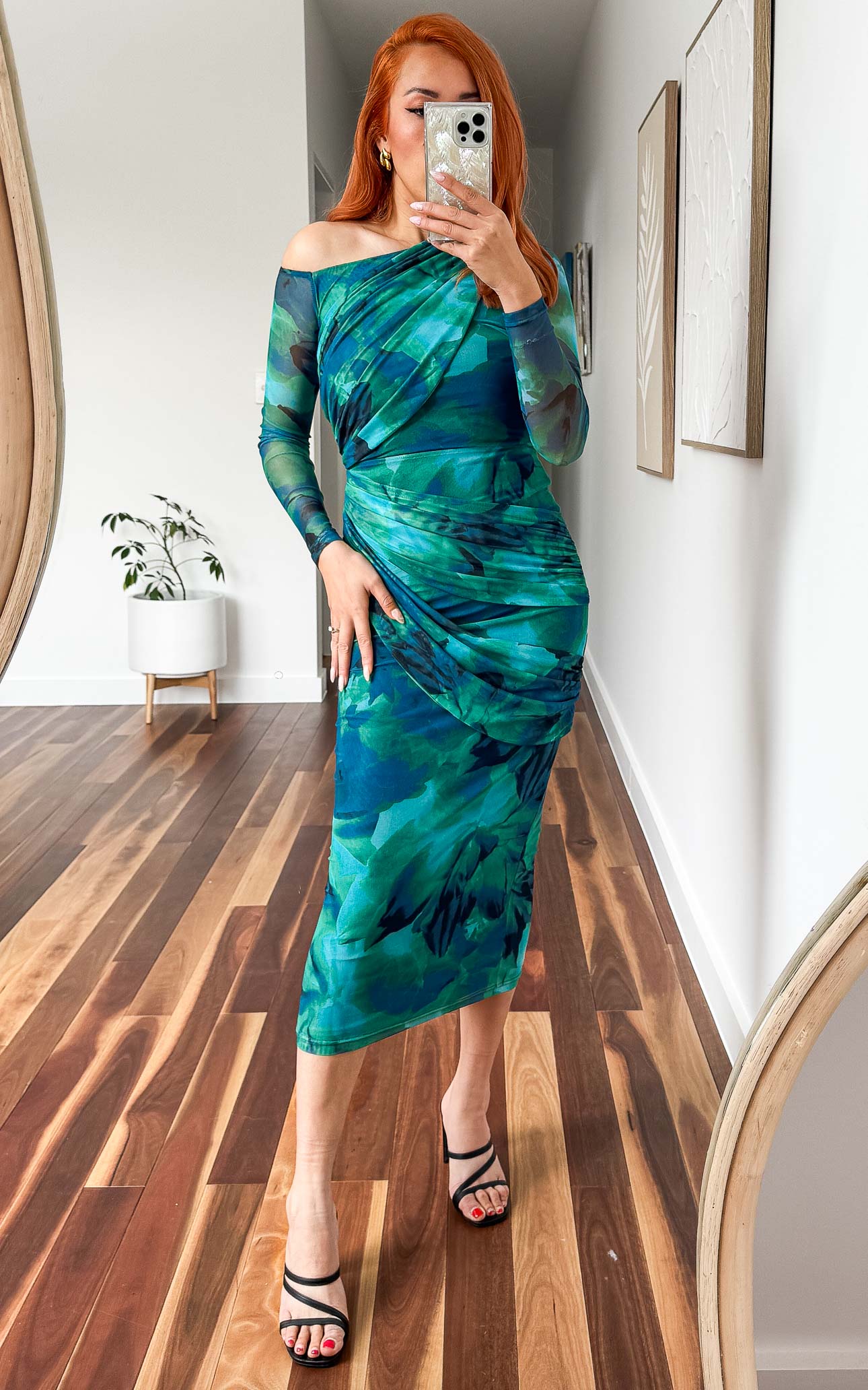 Benita Mesh Midi Dress - Green Blue Print