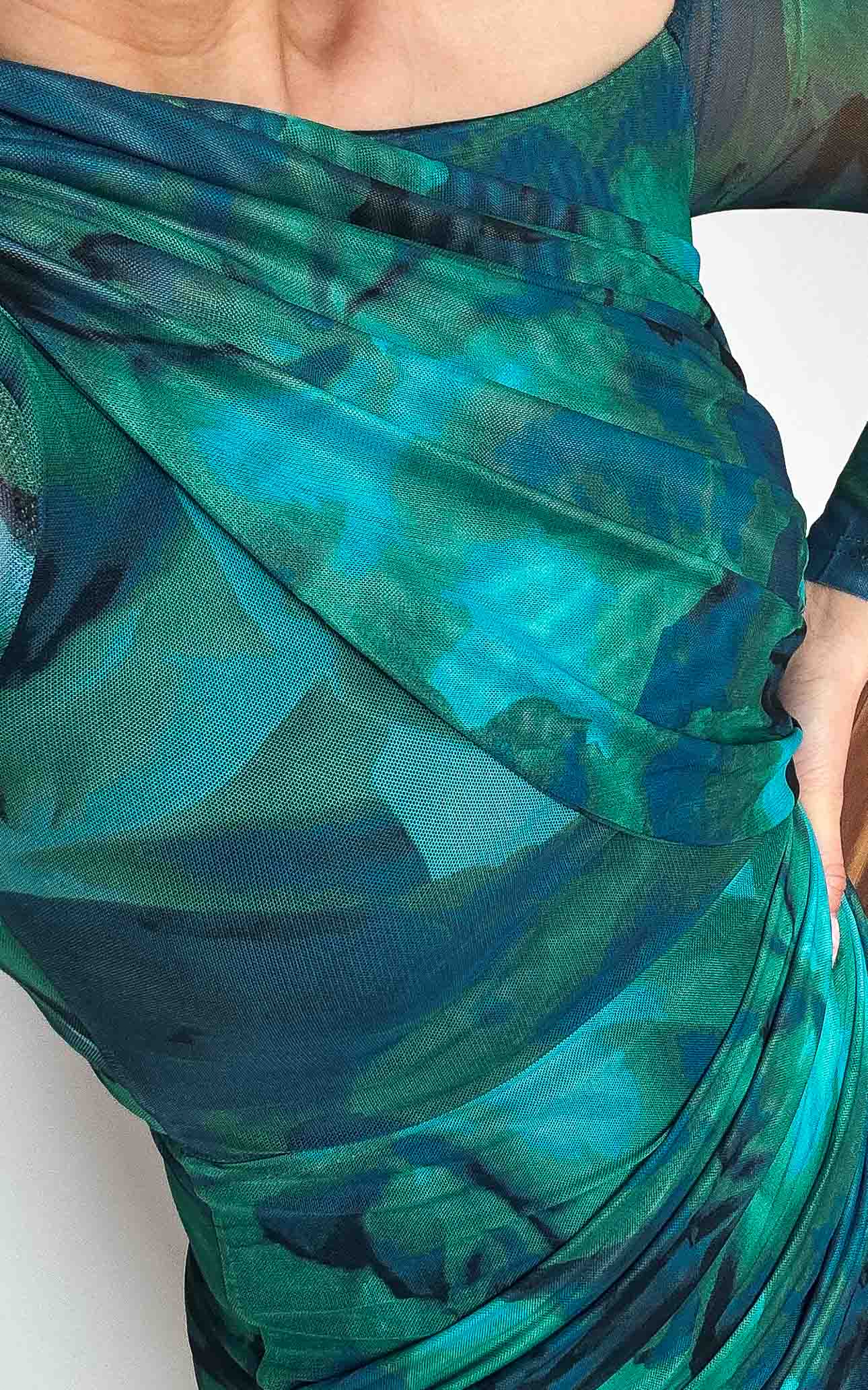 Benita Mesh Midi Dress - Green Blue Print