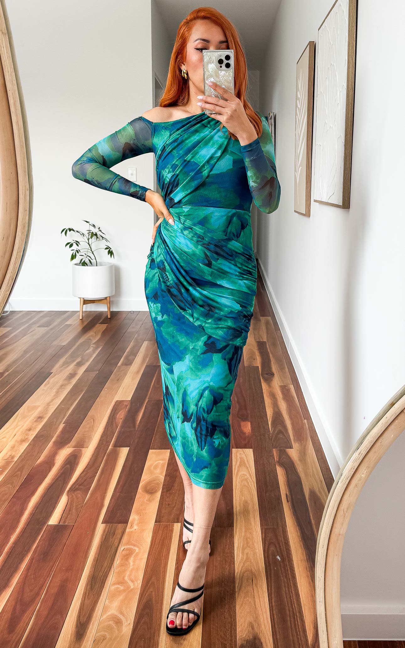 Benita Mesh Midi Dress - Green Blue Print