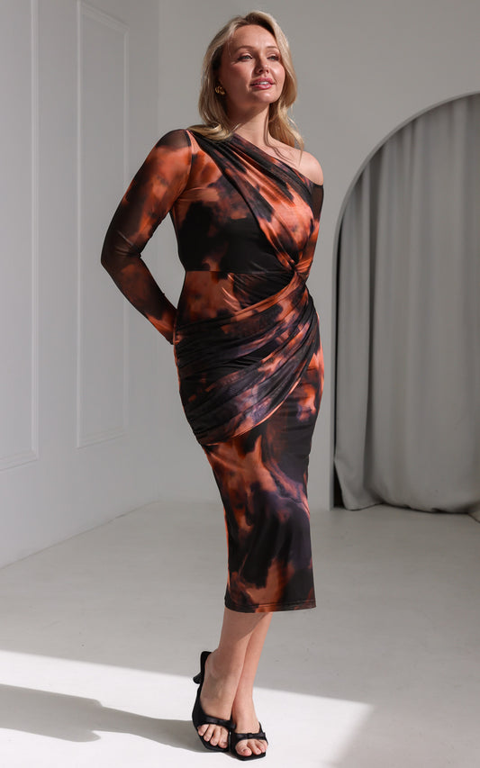 Benita Mesh Midi Dress - Brown Orange Multi Print