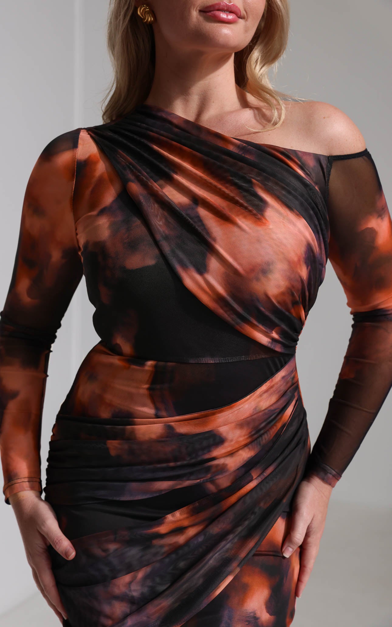 Benita Mesh Midi Dress - Brown Orange Multi Print