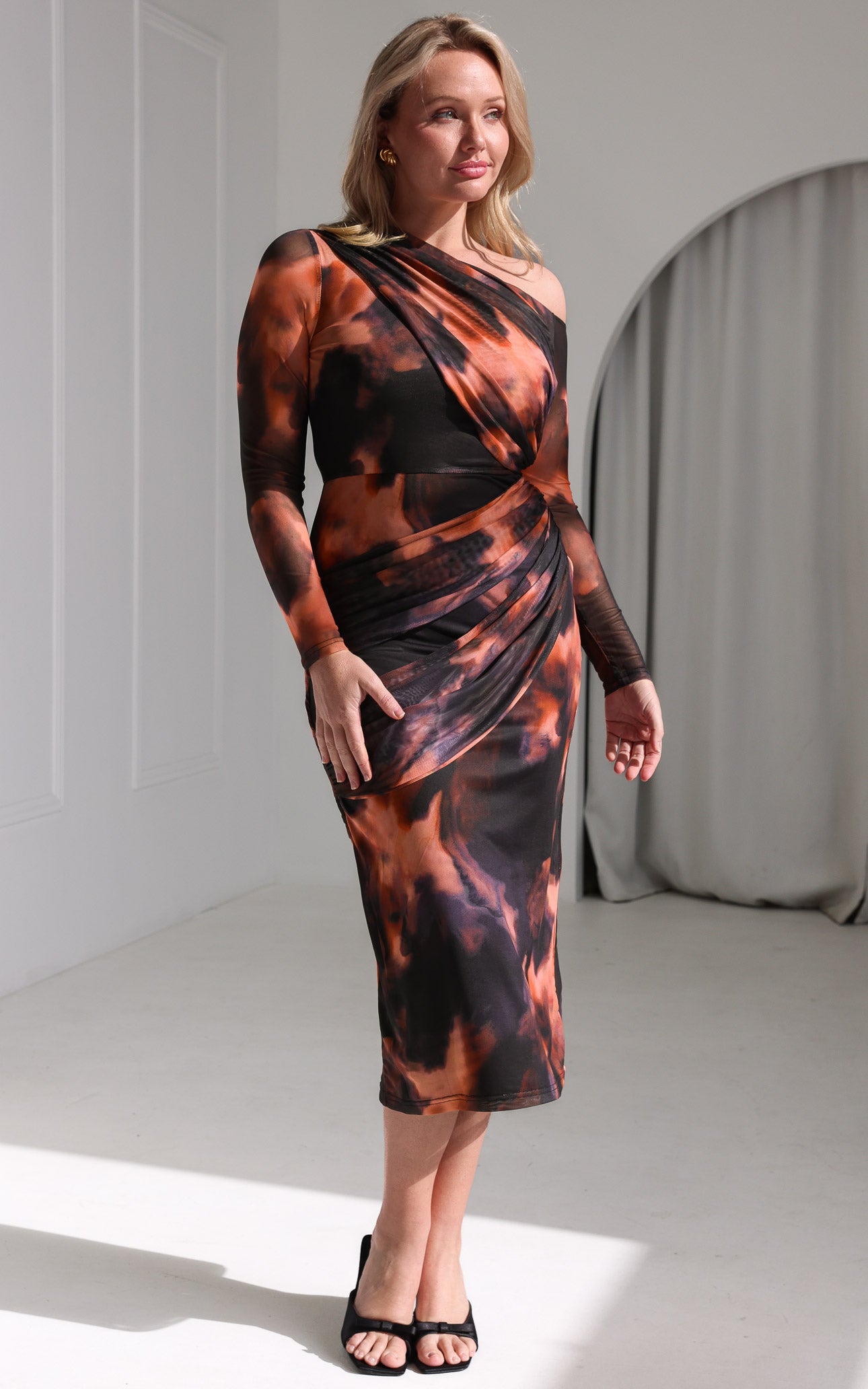 Benita Mesh Midi Dress - Brown Orange Multi Print