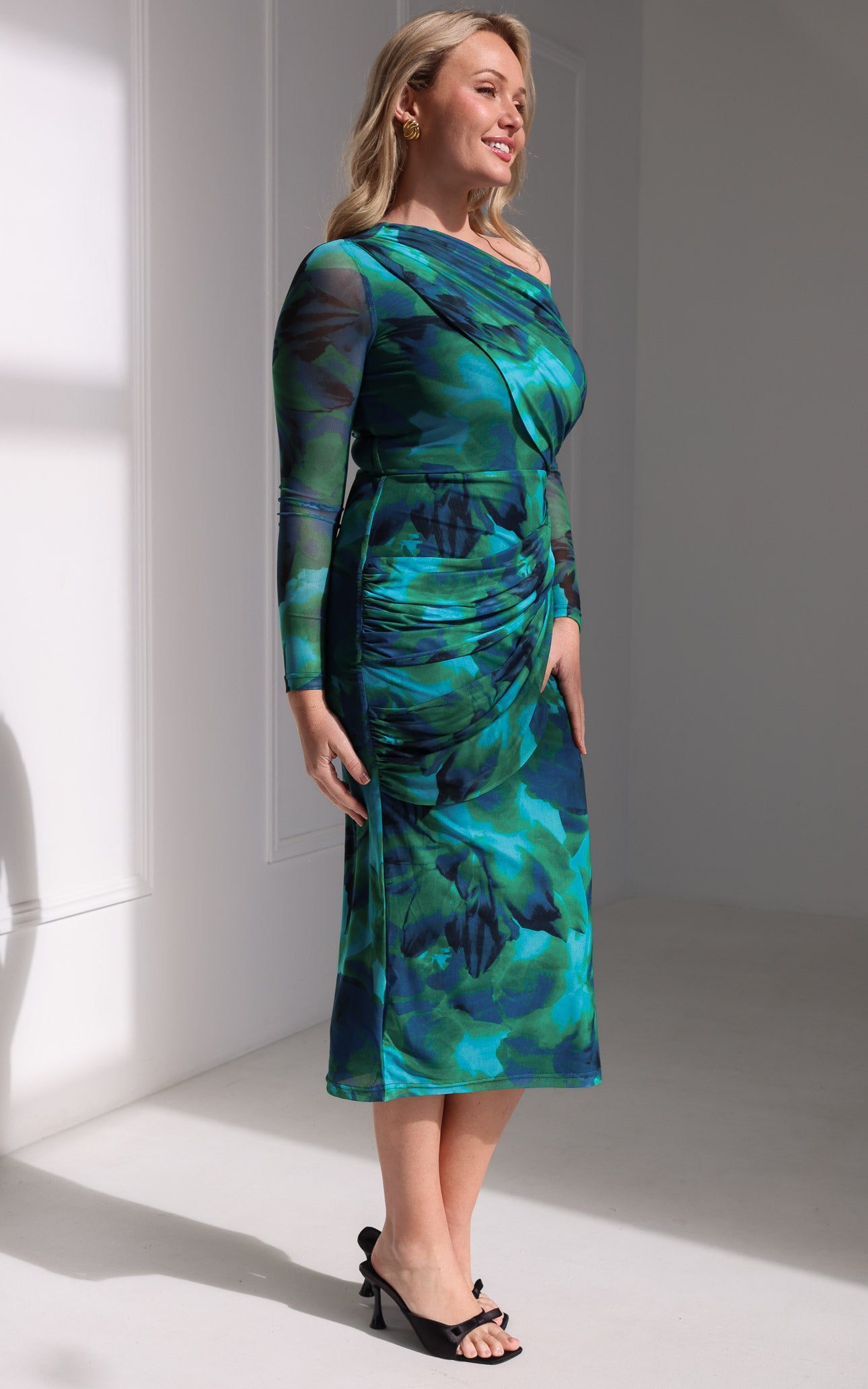 Benita Mesh Midi Dress - Green Blue Print