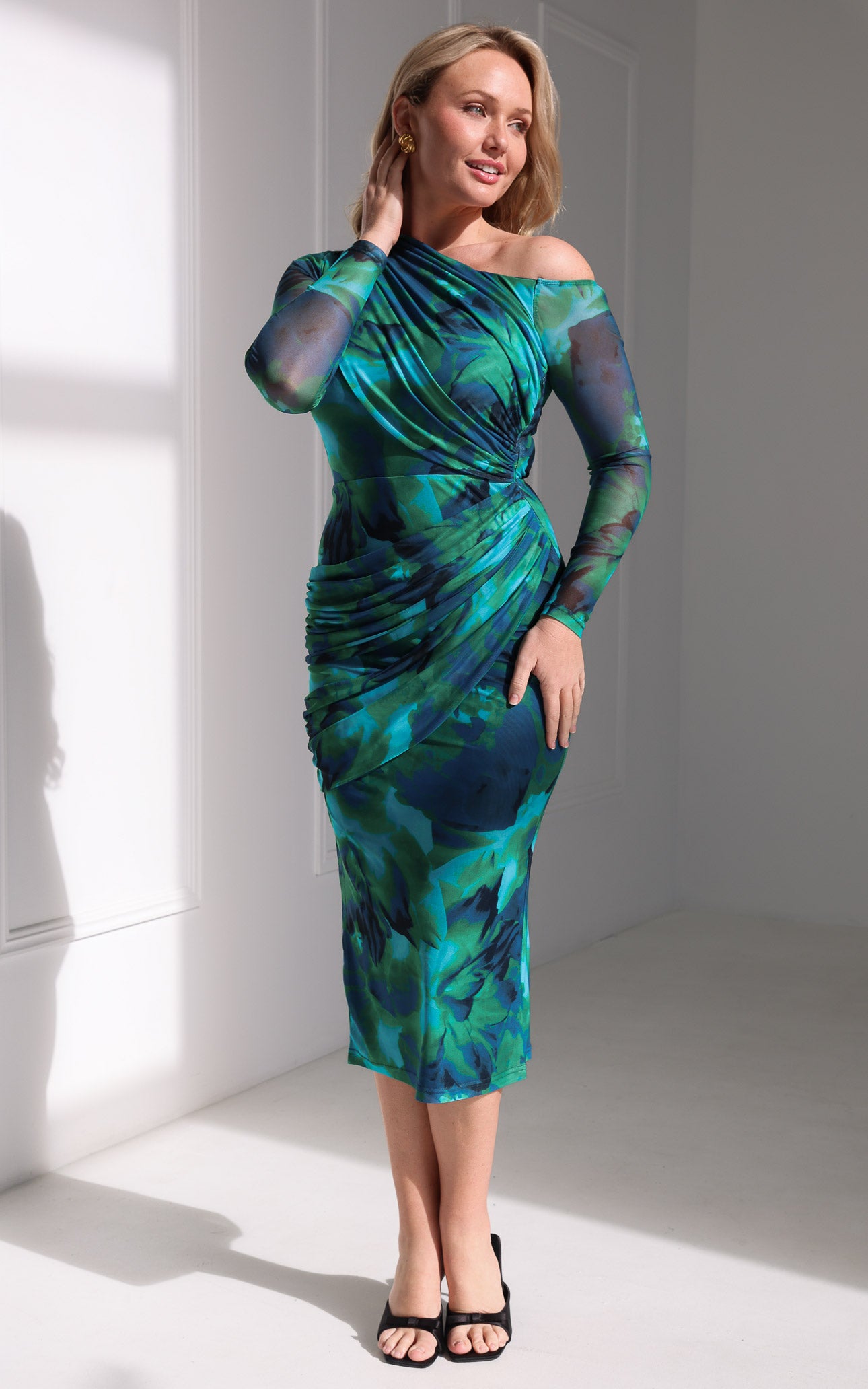 Benita Mesh Midi Dress - Green Blue Print