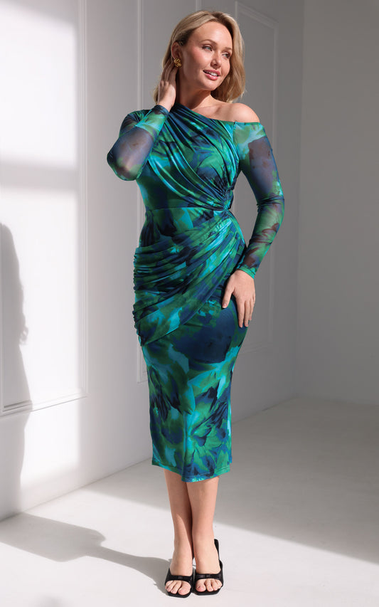 Benita Mesh Midi Dress - Green Blue Print