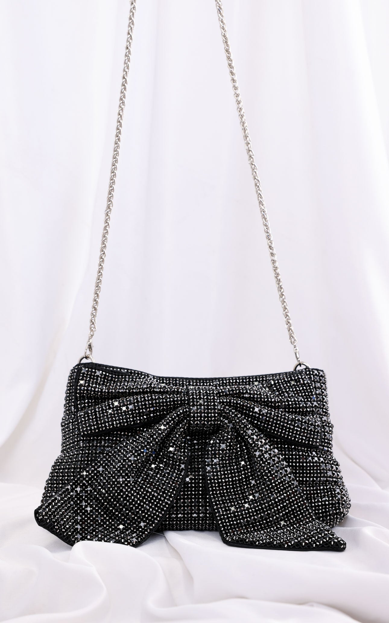 Bessie Crystal Rhinestone Clutch Bag - Bow Black