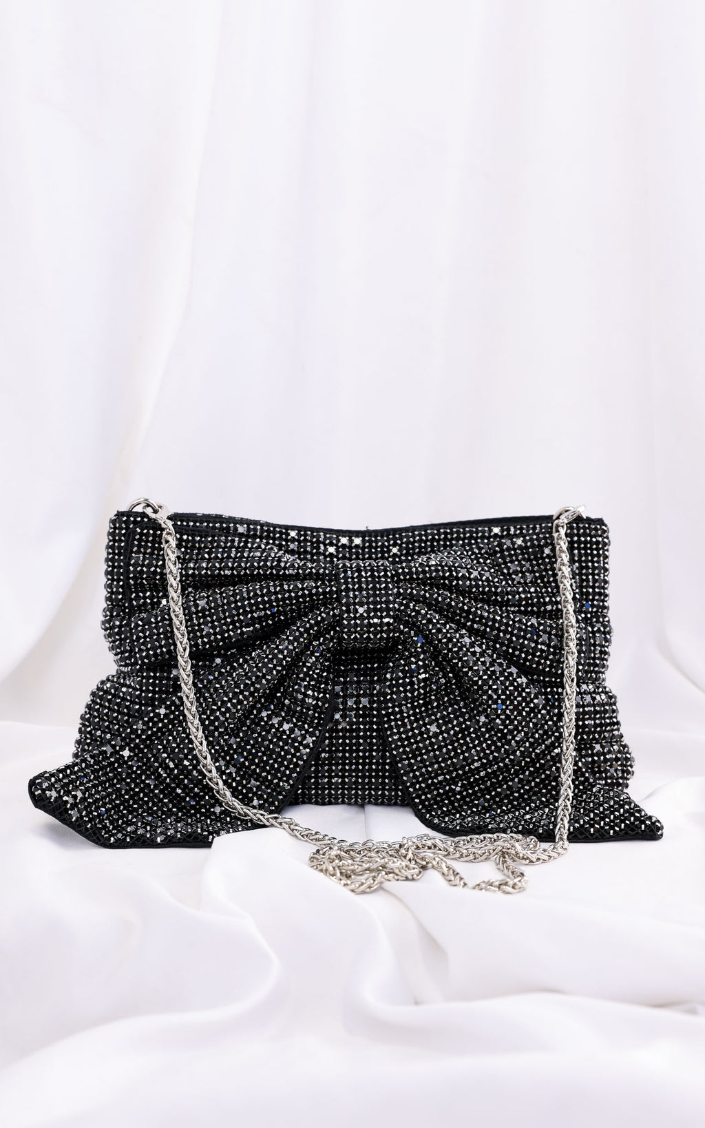 Bessie Crystal Rhinestone Clutch Bag - Bow Black