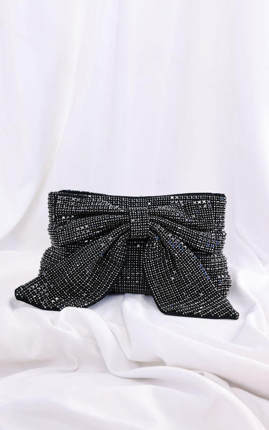 Bessie Crystal Rhinestone Clutch Bag - Bow Black