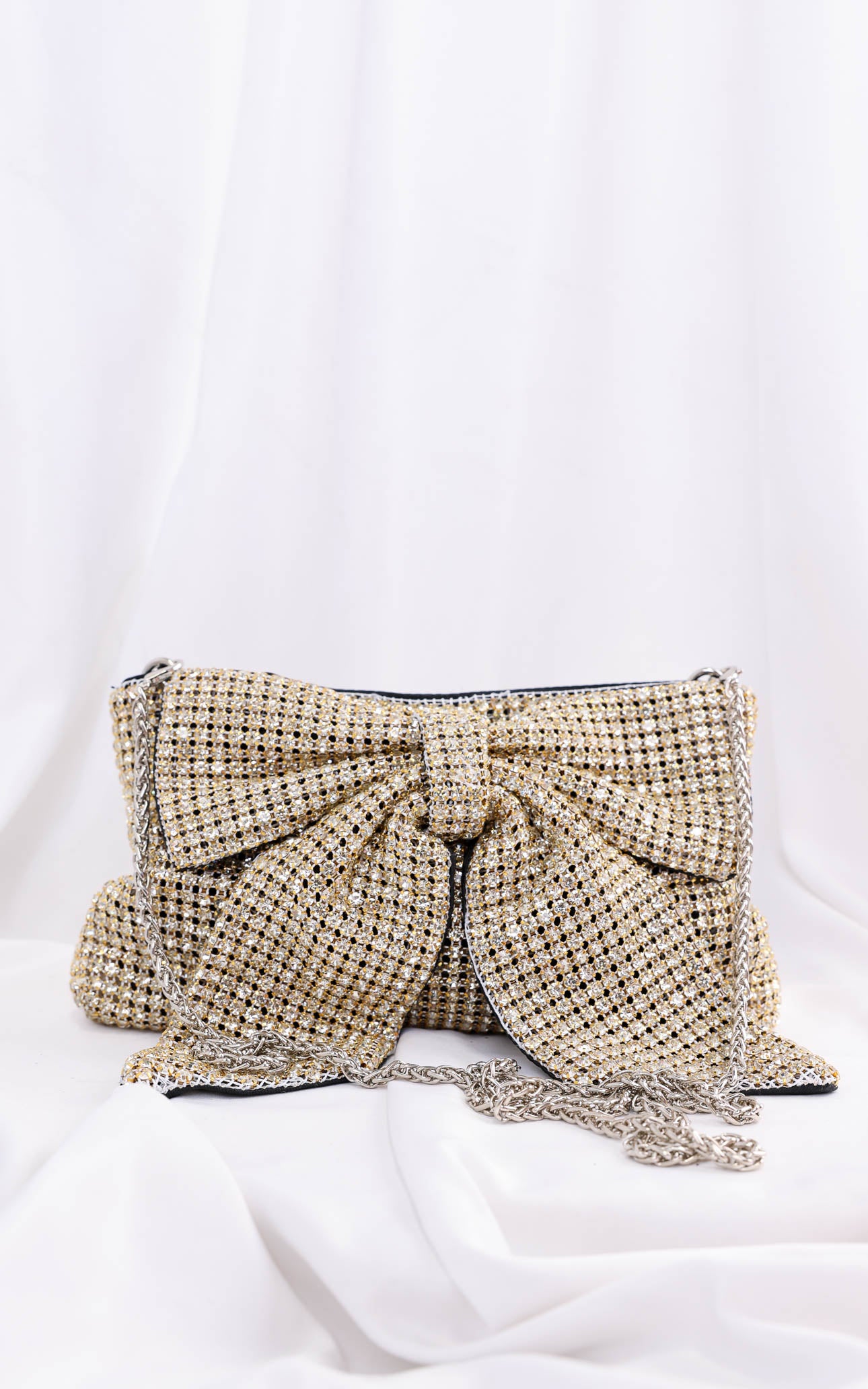 Bessie Crystal Rhinestone Clutch Bag - Bow Light Gold