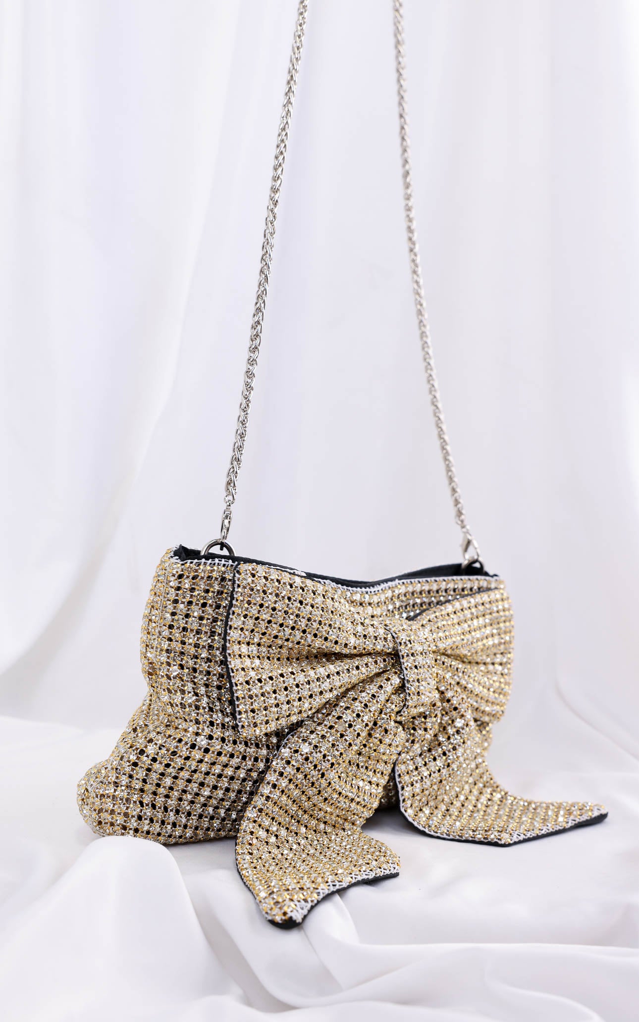 Bessie Crystal Rhinestone Clutch Bag - Bow Light Gold