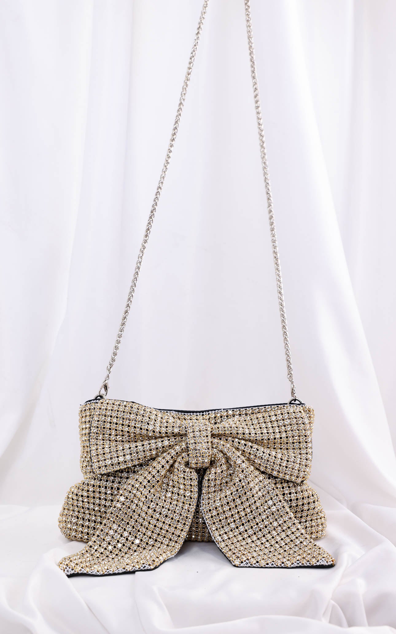 Bessie Crystal Rhinestone Clutch Bag - Bow Light Gold