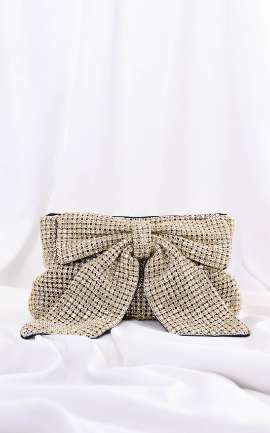 Bessie Crystal Rhinestone Clutch Bag - Bow Light Gold