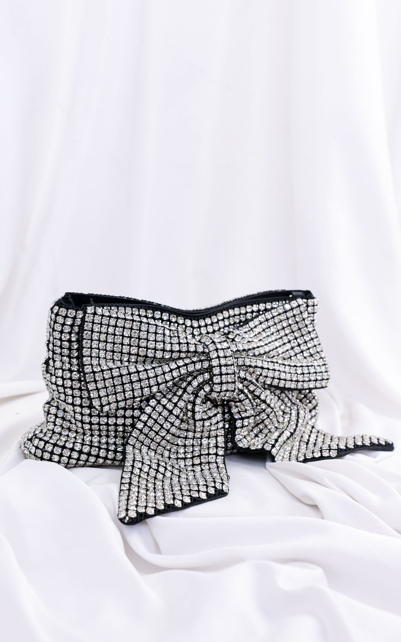 Bessie Crystal Rhinestone Clutch Bag - Bow Silver