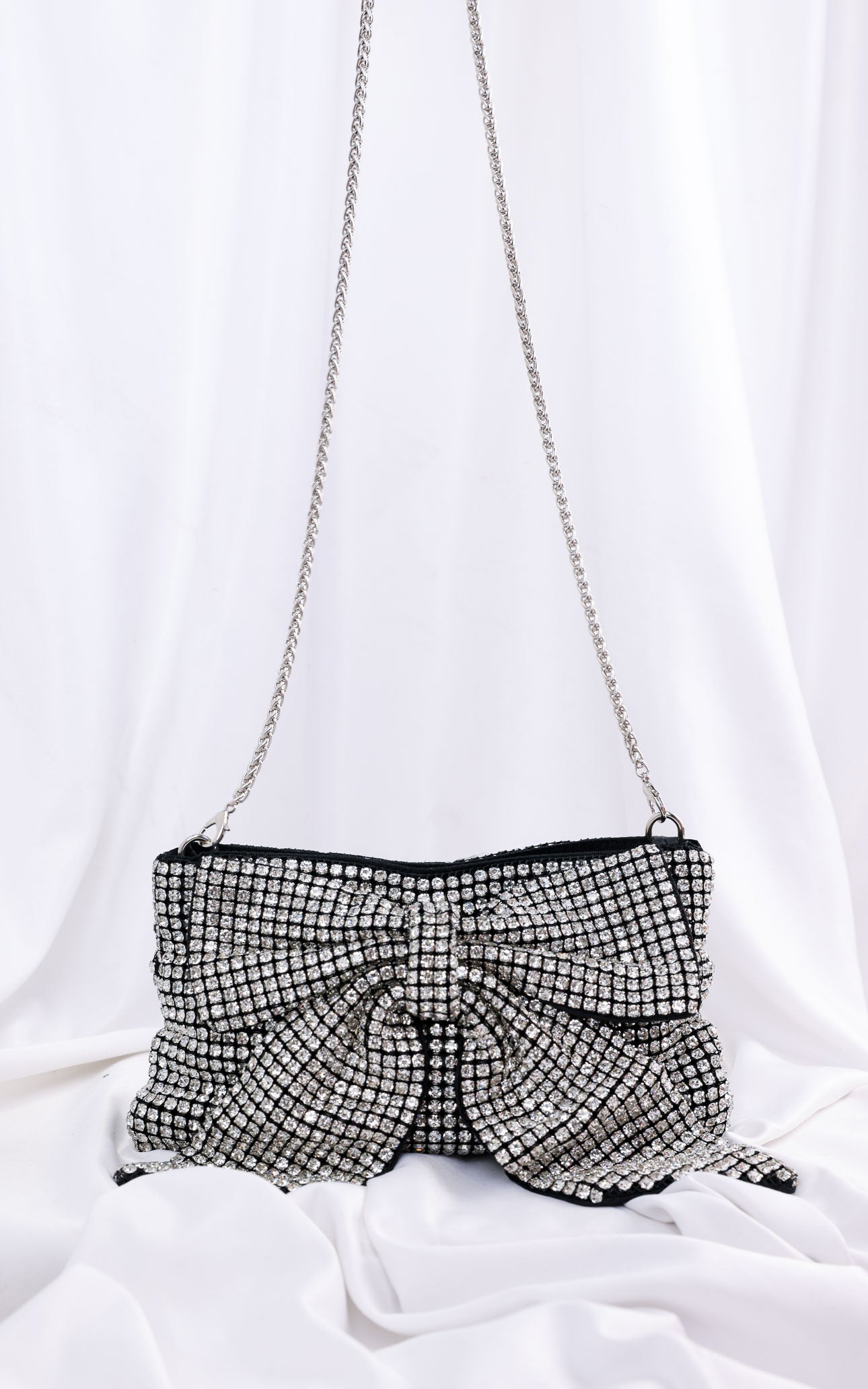 Bessie Crystal Rhinestone Clutch Bag - Bow Silver