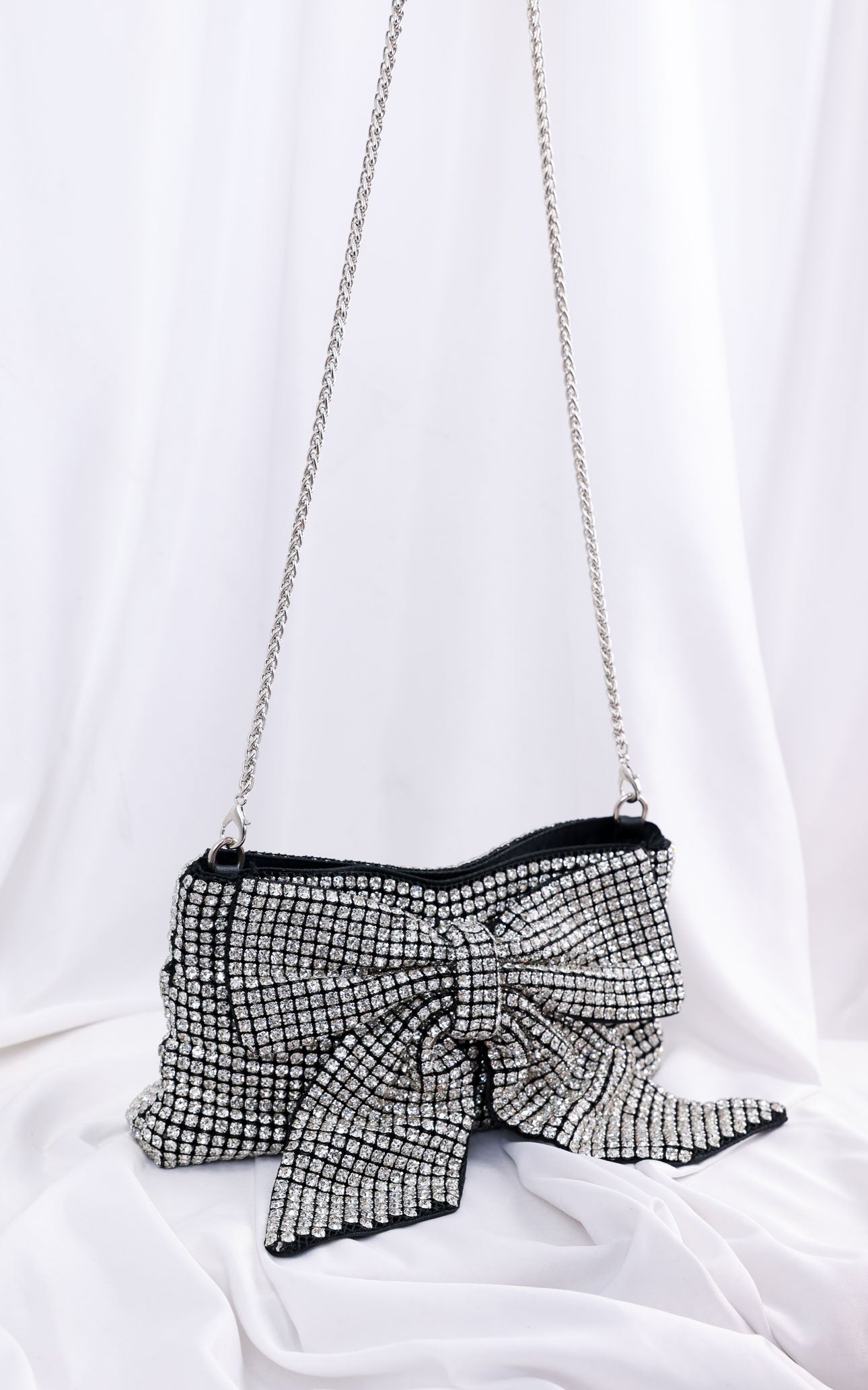 Bessie Crystal Rhinestone Clutch Bag - Bow Silver