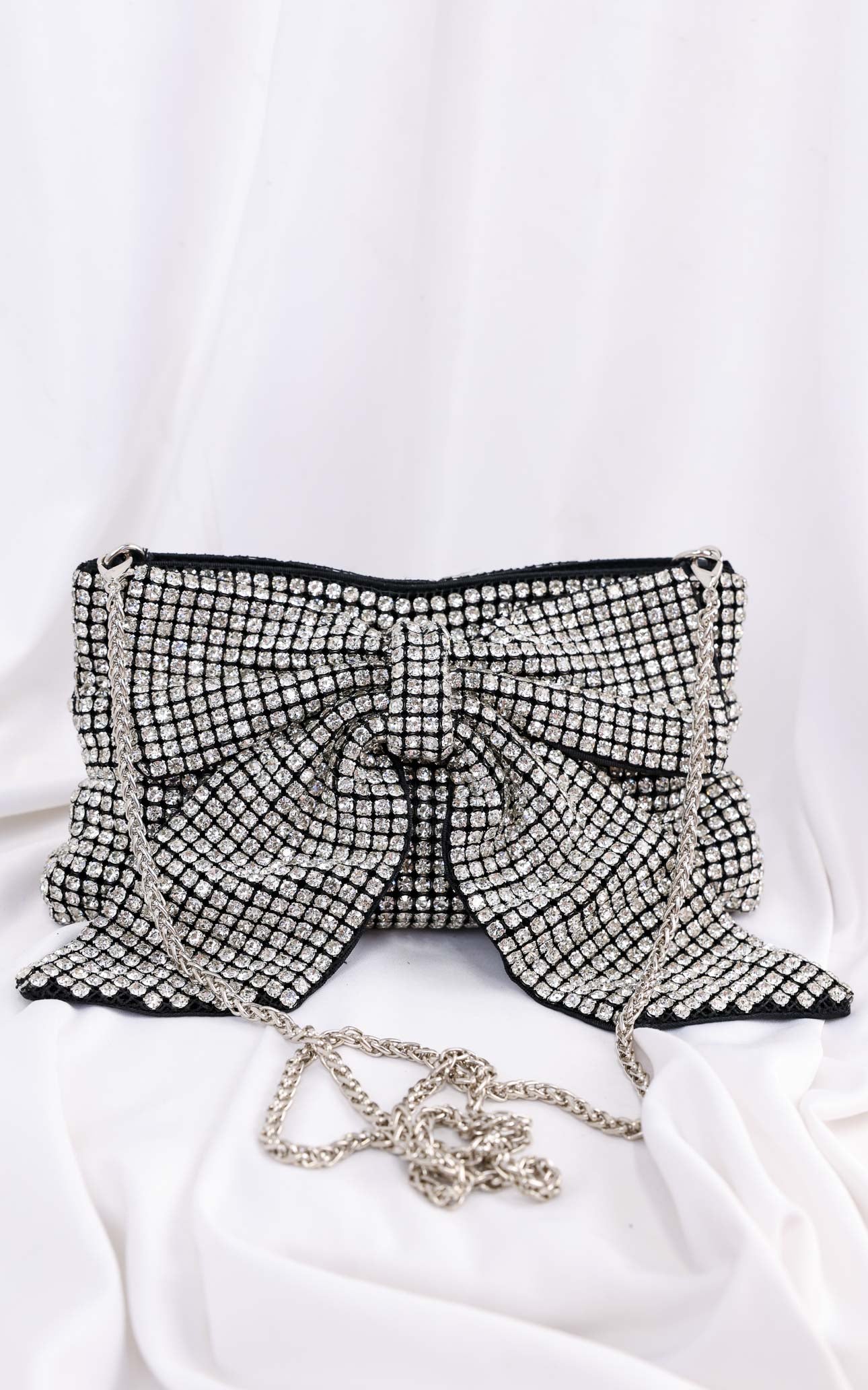 Bessie Crystal Rhinestone Clutch Bag - Bow Silver