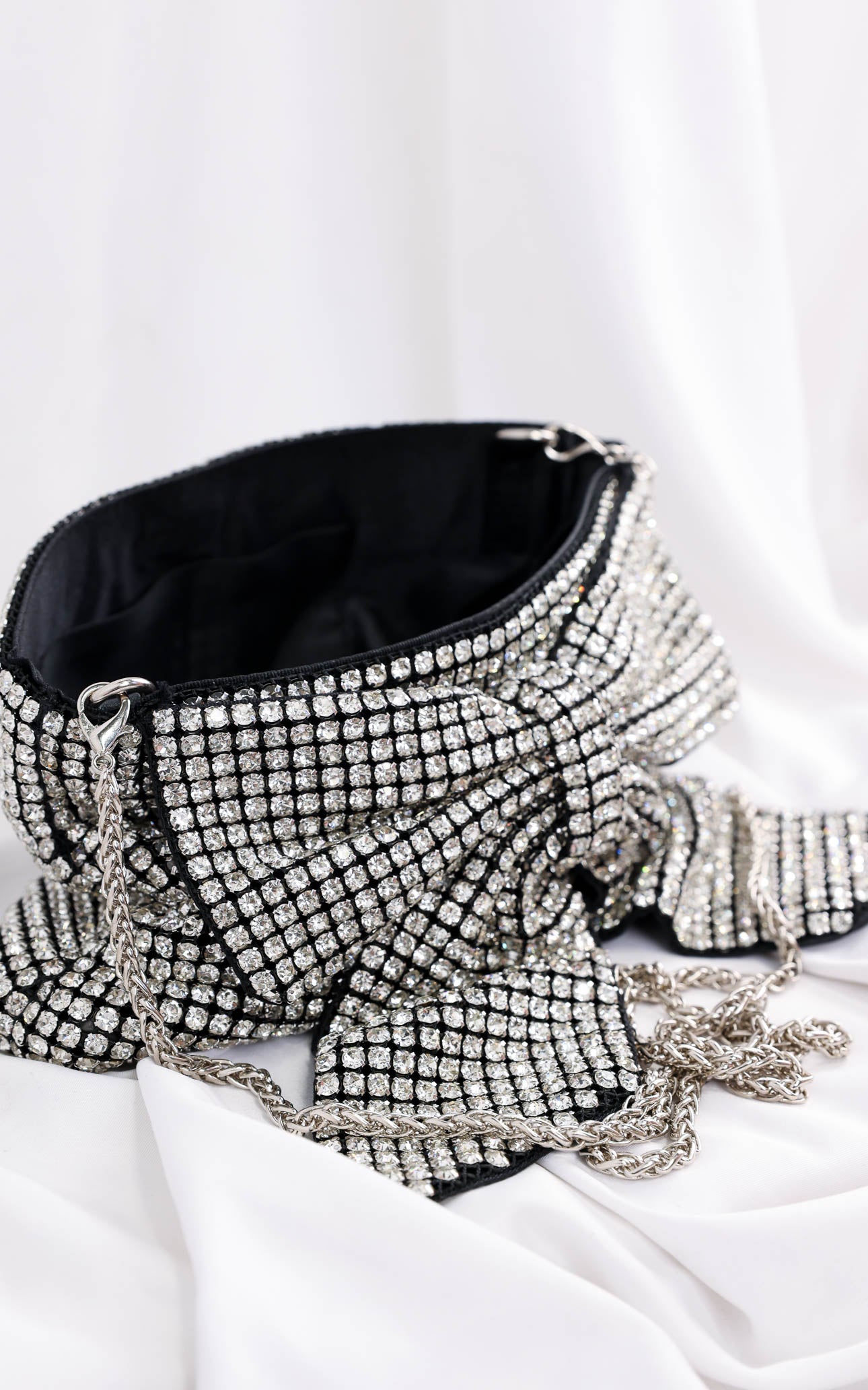 Bessie Crystal Rhinestone Clutch Bag - Bow Silver