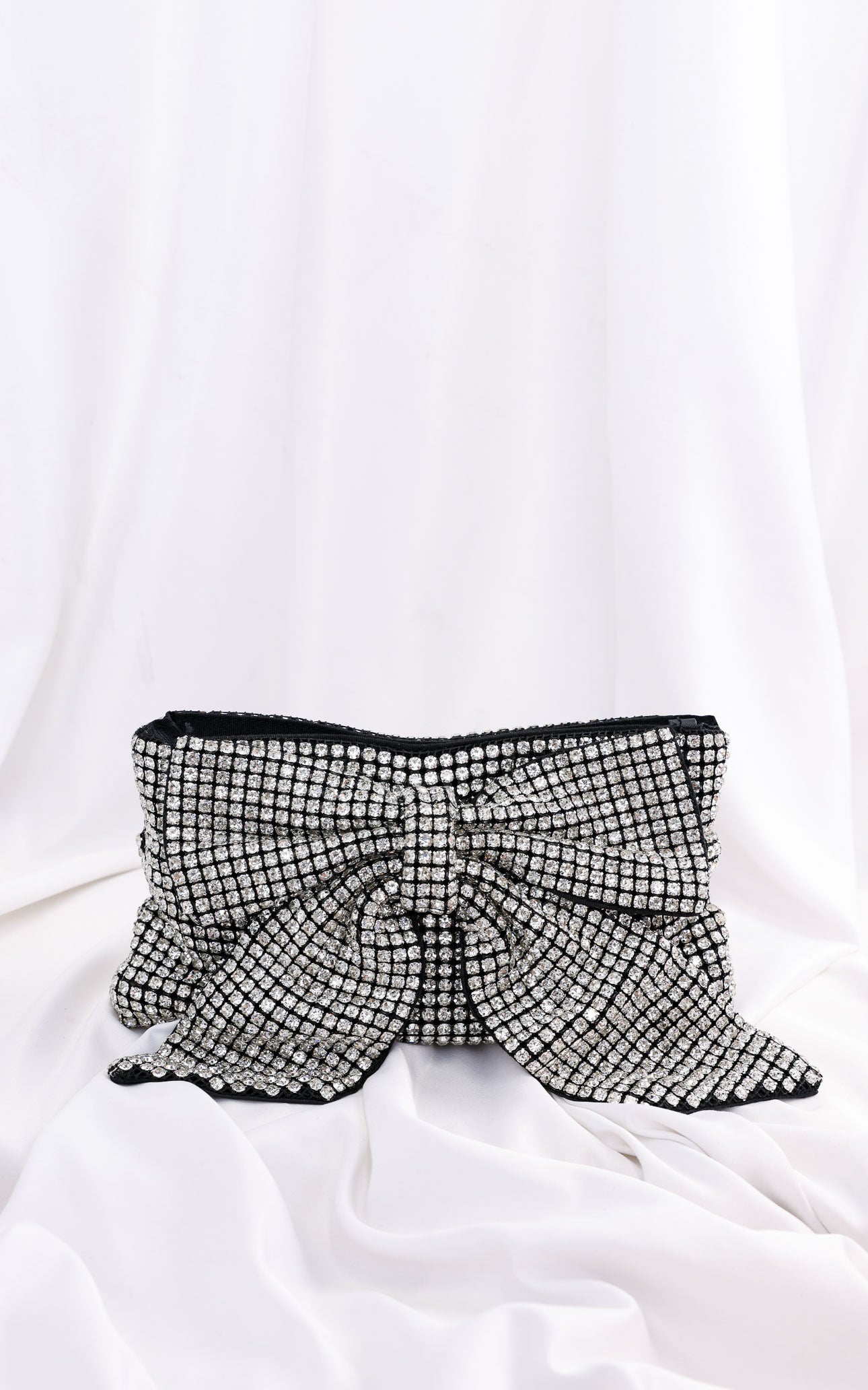 Bessie Crystal Rhinestone Clutch Bag - Bow Silver