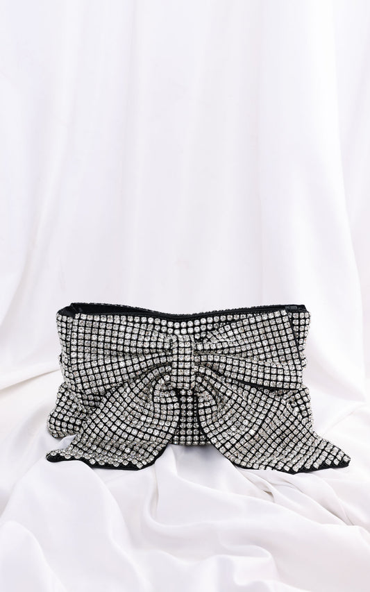 Bessie Crystal Rhinestone Clutch Bag - Bow Silver