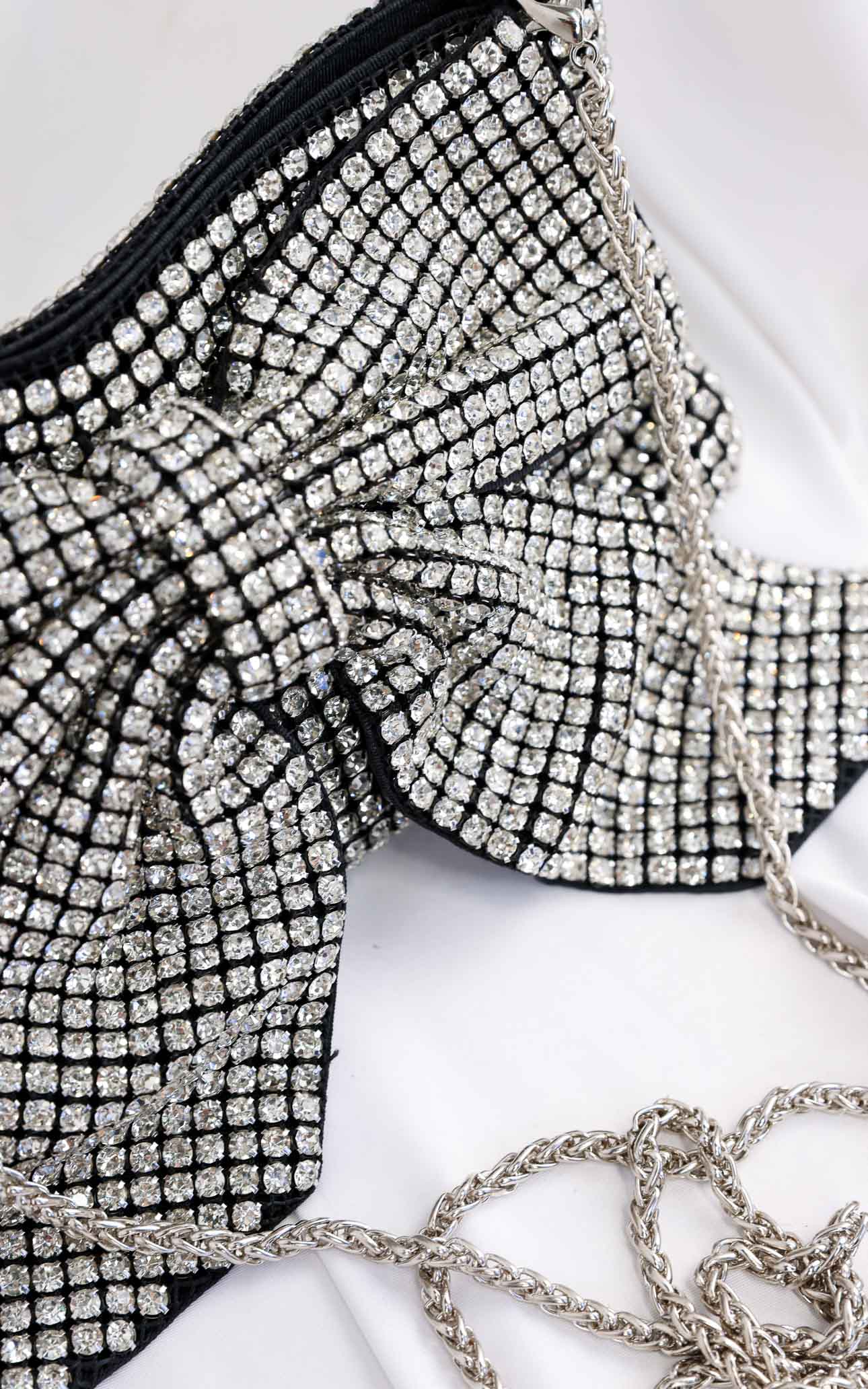 Bessie Crystal Rhinestone Clutch Bag - Bow Silver
