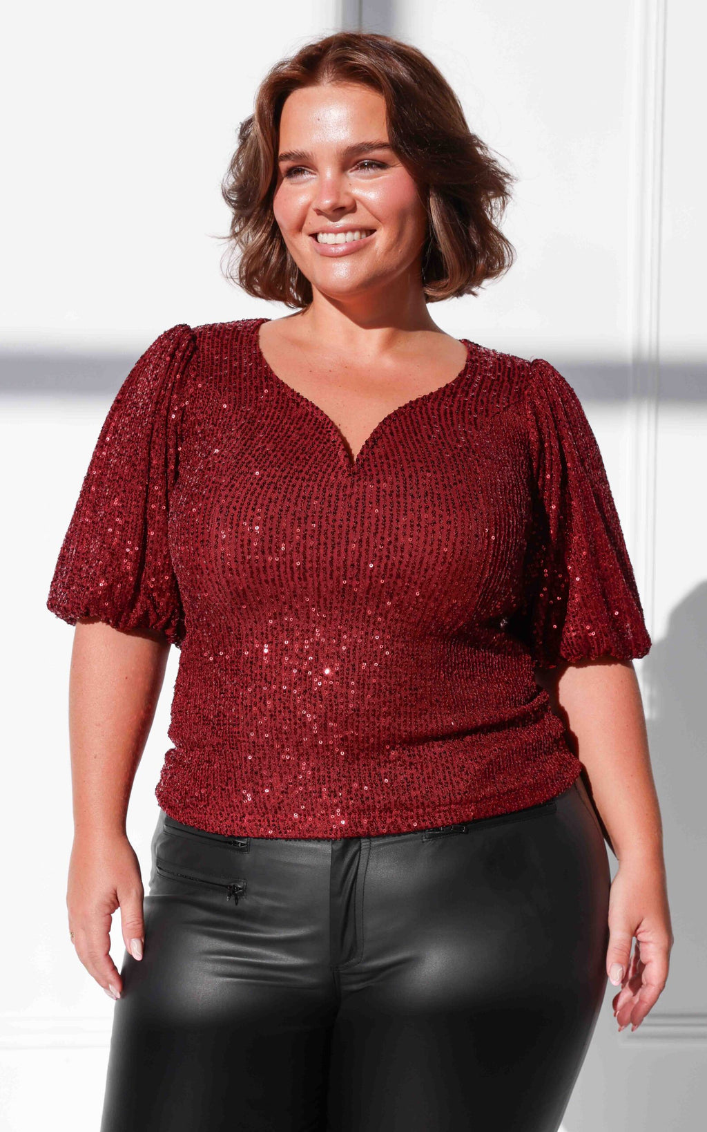 Beyond The Stars Short Sleeve Top - Wine Sequin