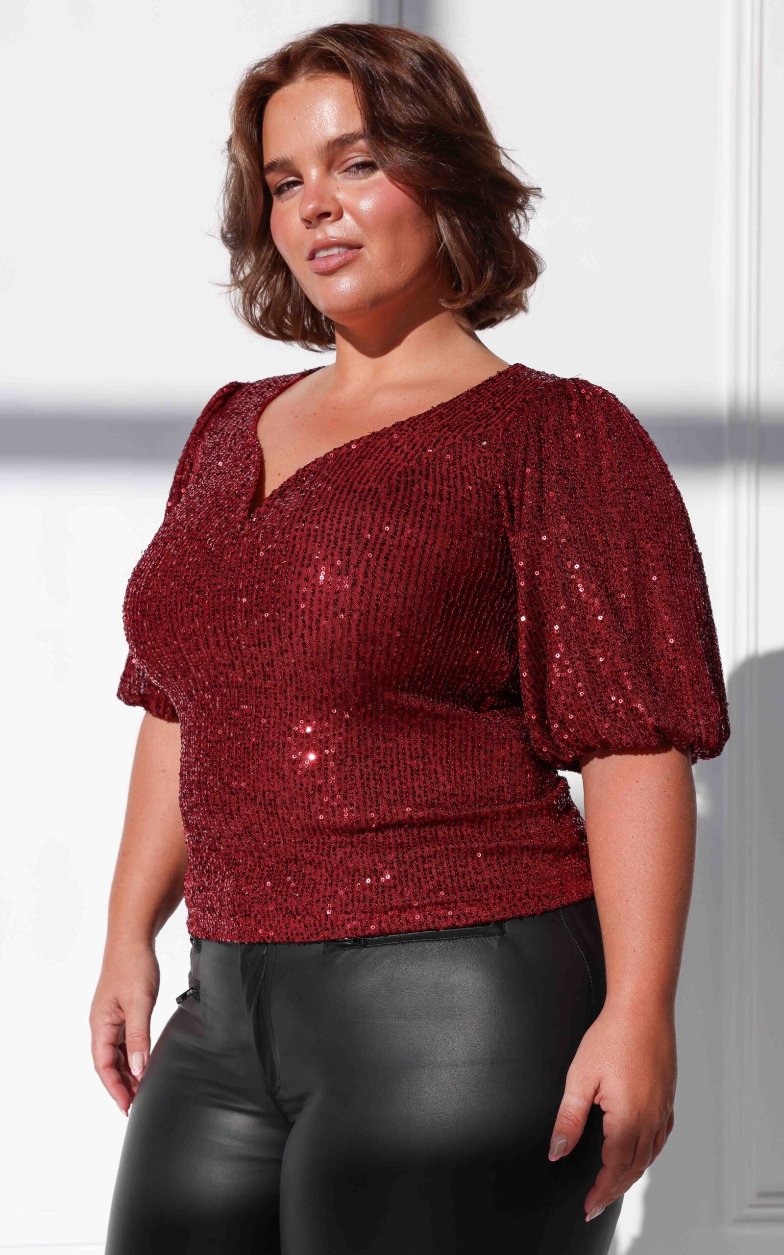 Beyond The Stars Short Sleeve Top - Wine Sequin