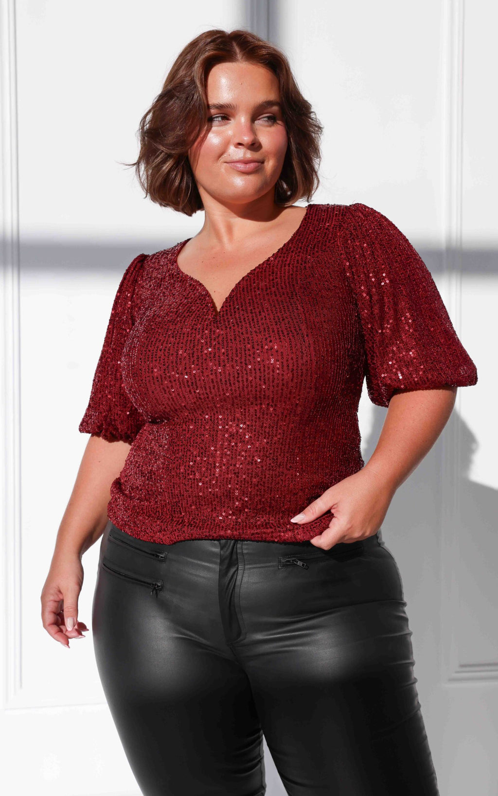 Beyond The Stars Short Sleeve Top - Wine Sequin