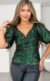 Beyond The Stars Short Sleeve Top - Black Emerald Gold Sequin