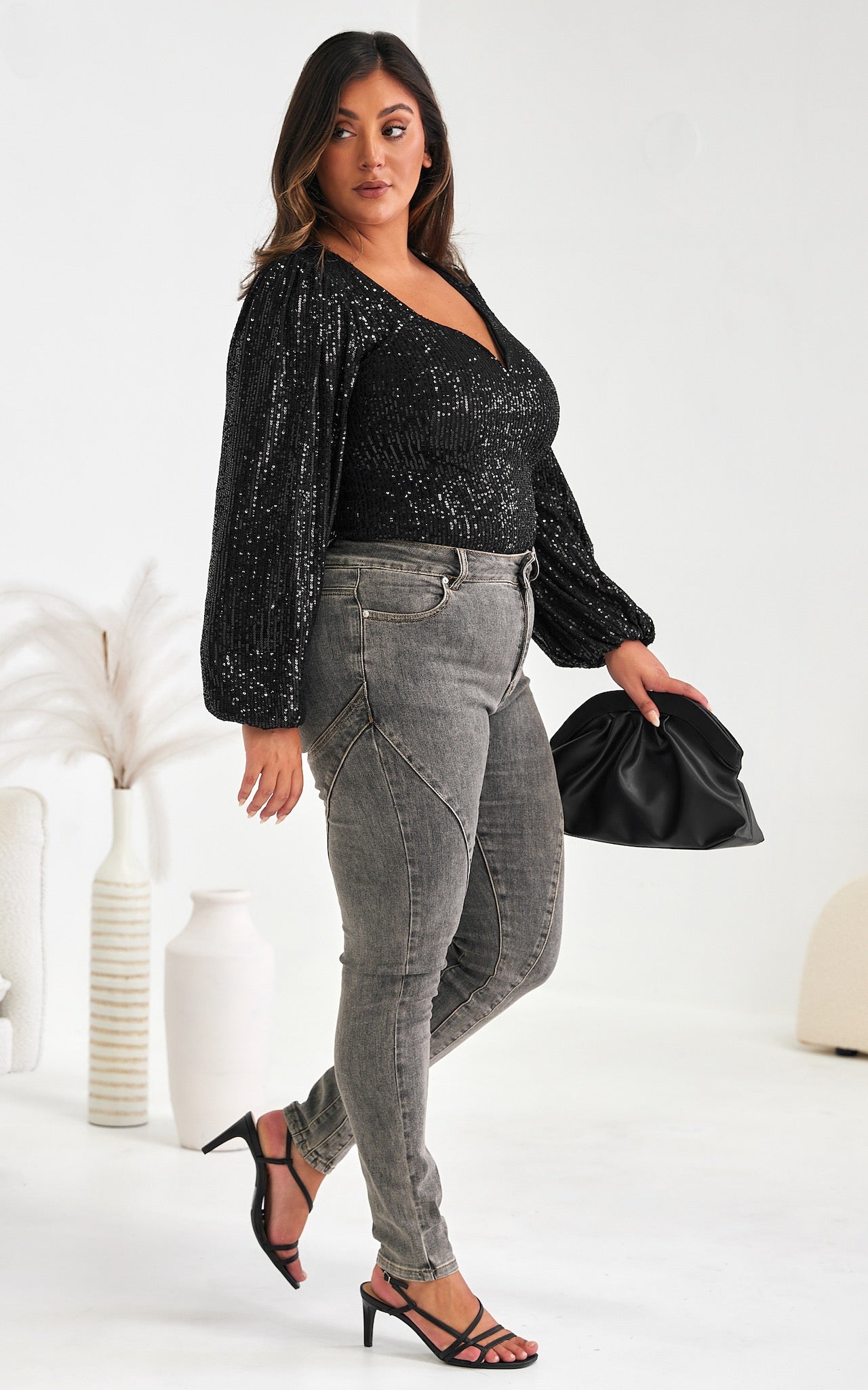 Beyond The Stars Long Sleeve Top - Black Sequin