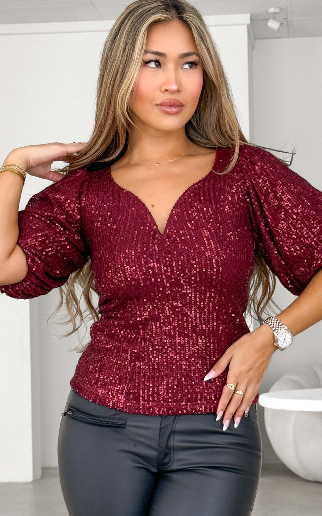 Beyond The Stars Short Sleeve Top - Wine Sequin