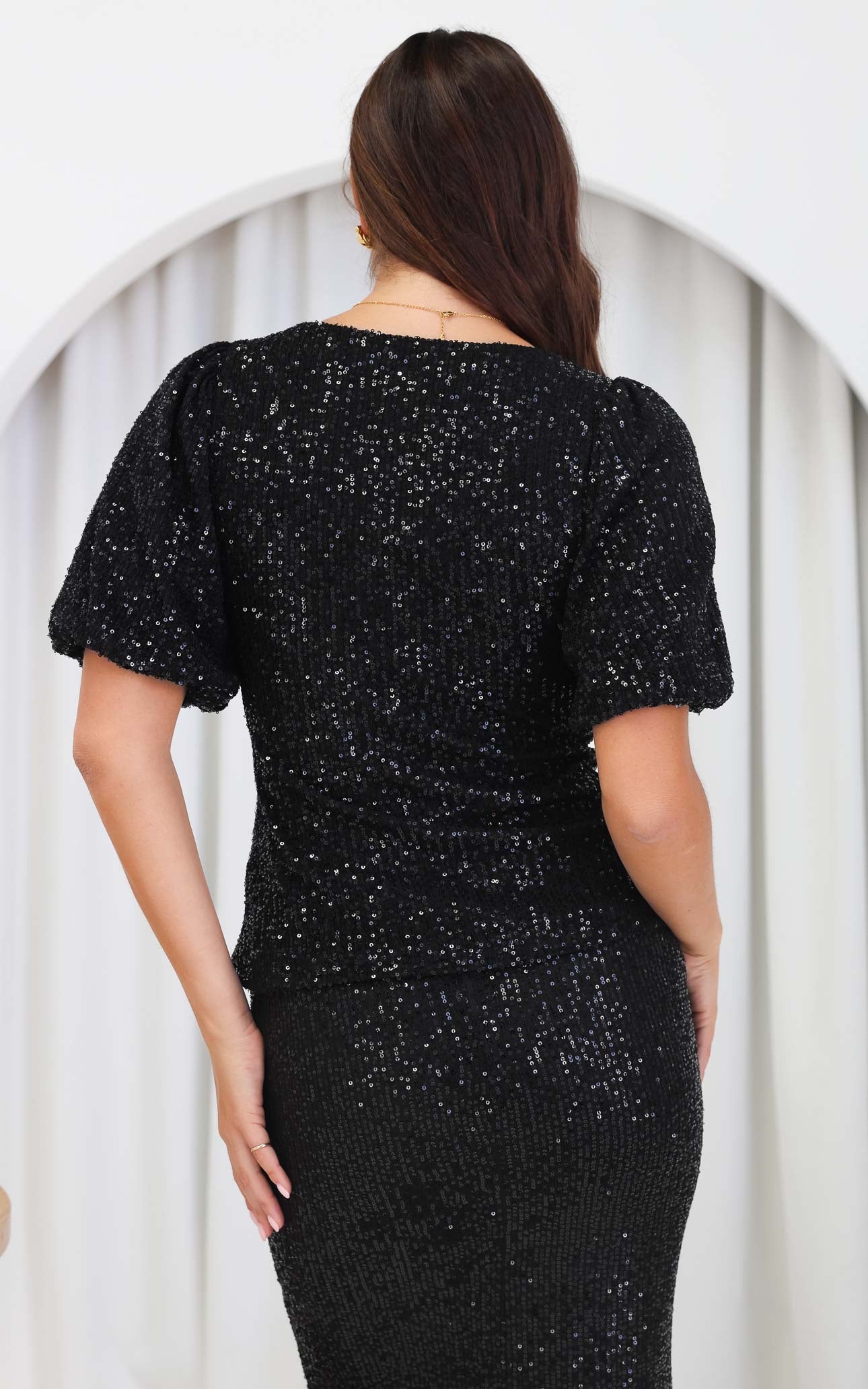 (Preorder) Beyond The Stars Short Sleeve Top - Black Sequin