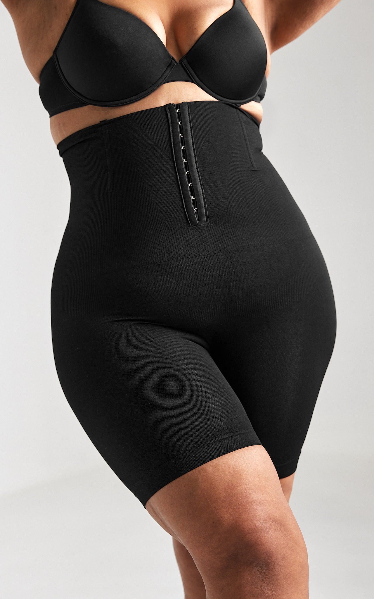 Bianca High Waisted Hook And Eye Open Front Closure Shapewear Control Shorts - Black