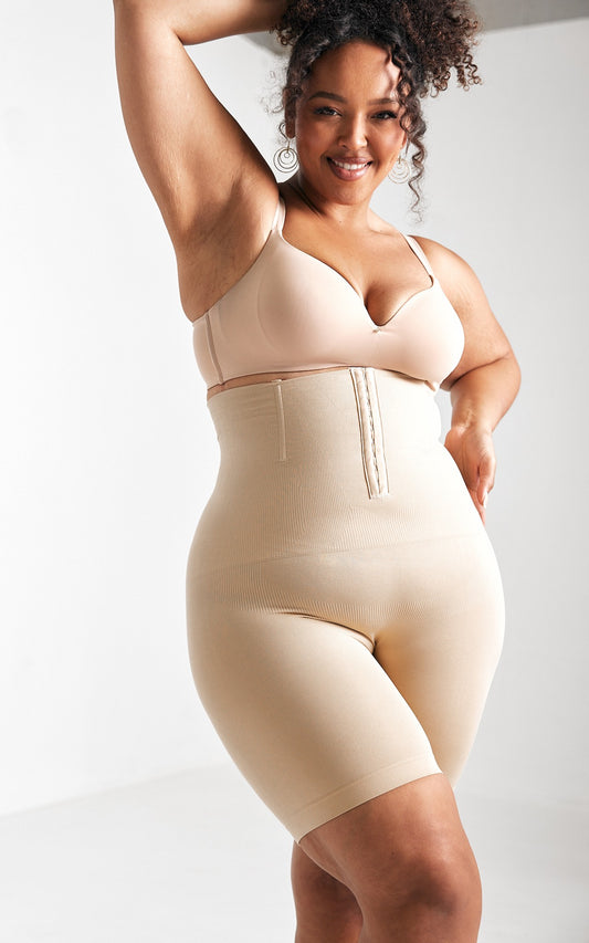 Bianca High Waisted Hook And Eye Open Front Closure Shapewear Control Shorts - Nude