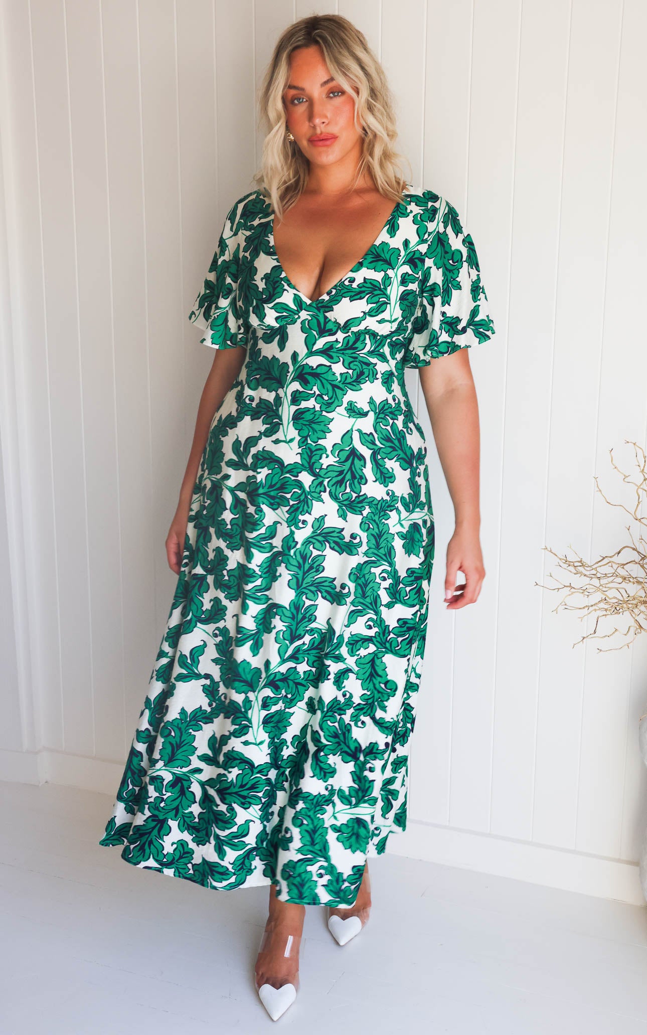 Bianco Maxi Dress - Cream Green Leaf