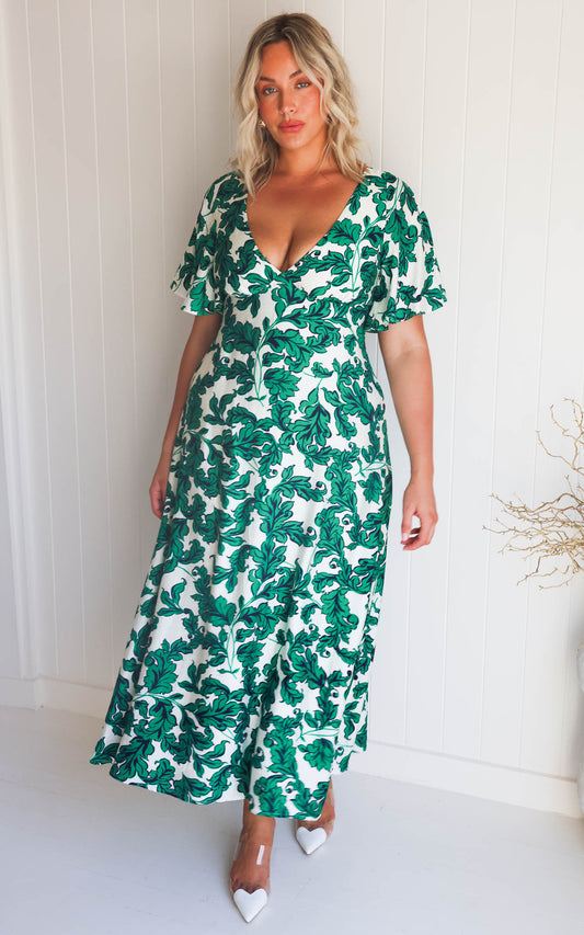 Bianco Maxi Dress - Cream Green Leaf