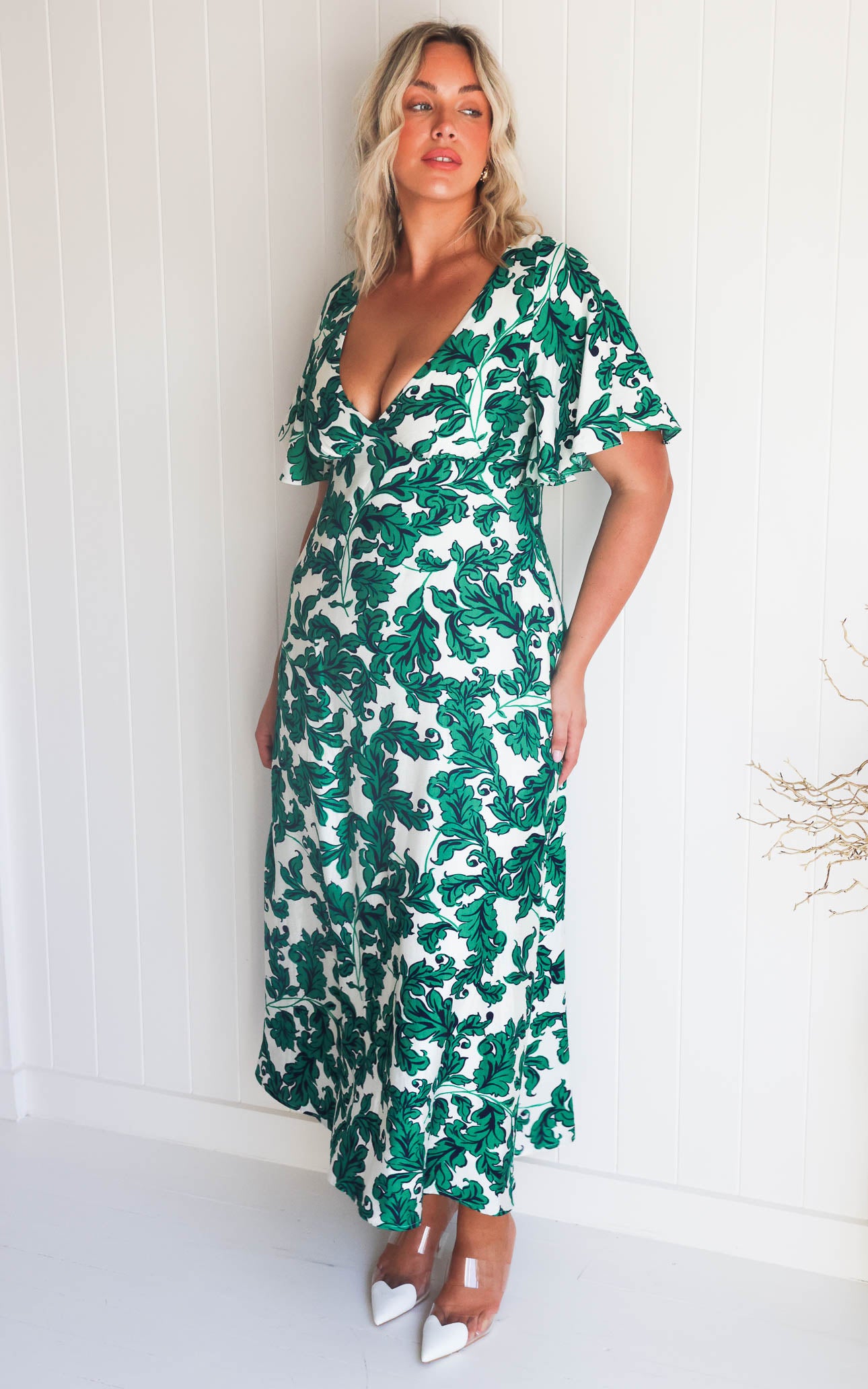 Bianco Maxi Dress - Cream Green Leaf