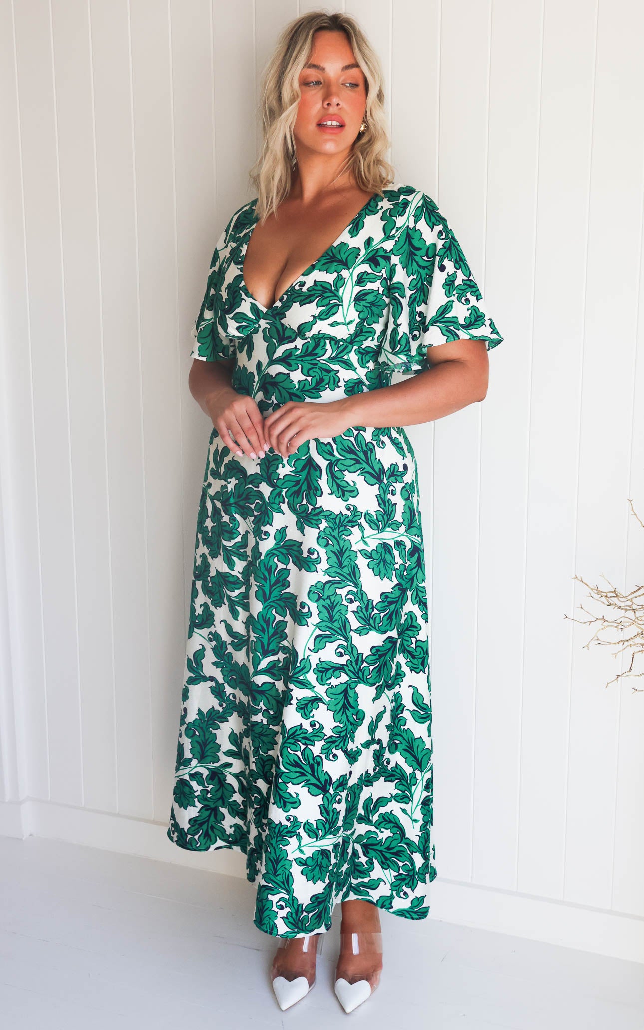 Bianco Maxi Dress - Cream Green Leaf